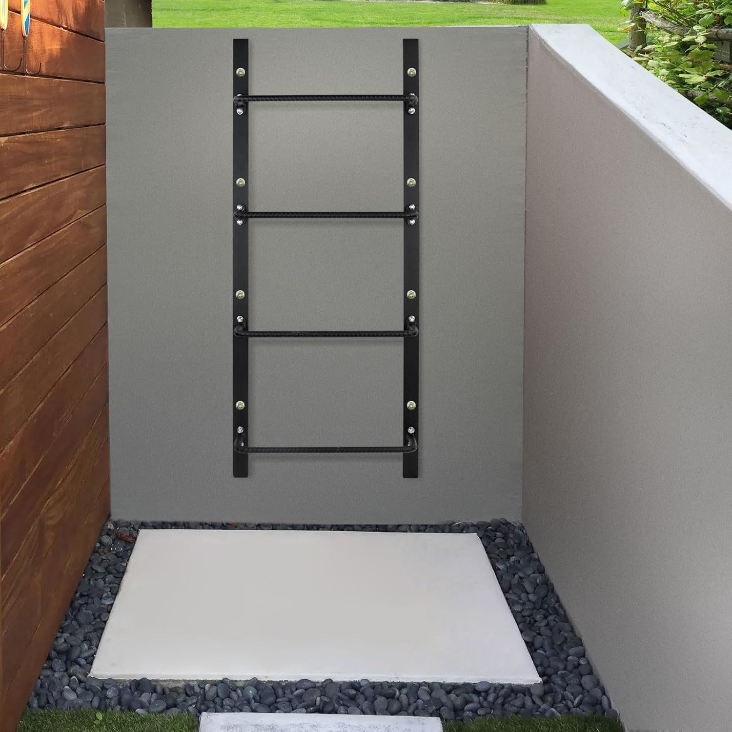 4-Rung Window Well Ladder Straight, Heavy Duty Steel Fire Escape Ladder, Powder-Coated Basement Egress Wall Mounted Ladder 45.2" Lx17.9 W, Black