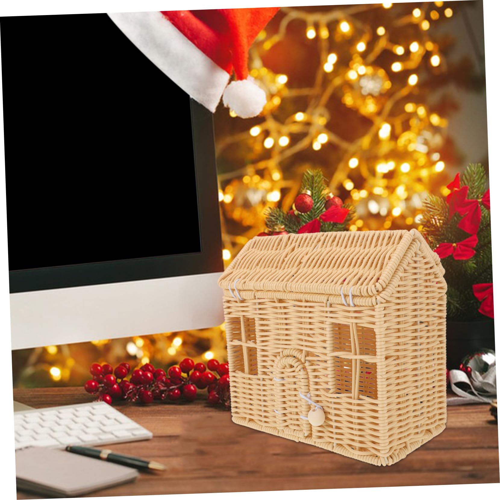 Cabilock Cesta de Dulces Navideña Hecha Mano con Asa Cesta Tejida de Ratán Sintético con Forma de Casa para Dulces y Chocolates para Recuerdos de Fiesta y Decoración de Hogar