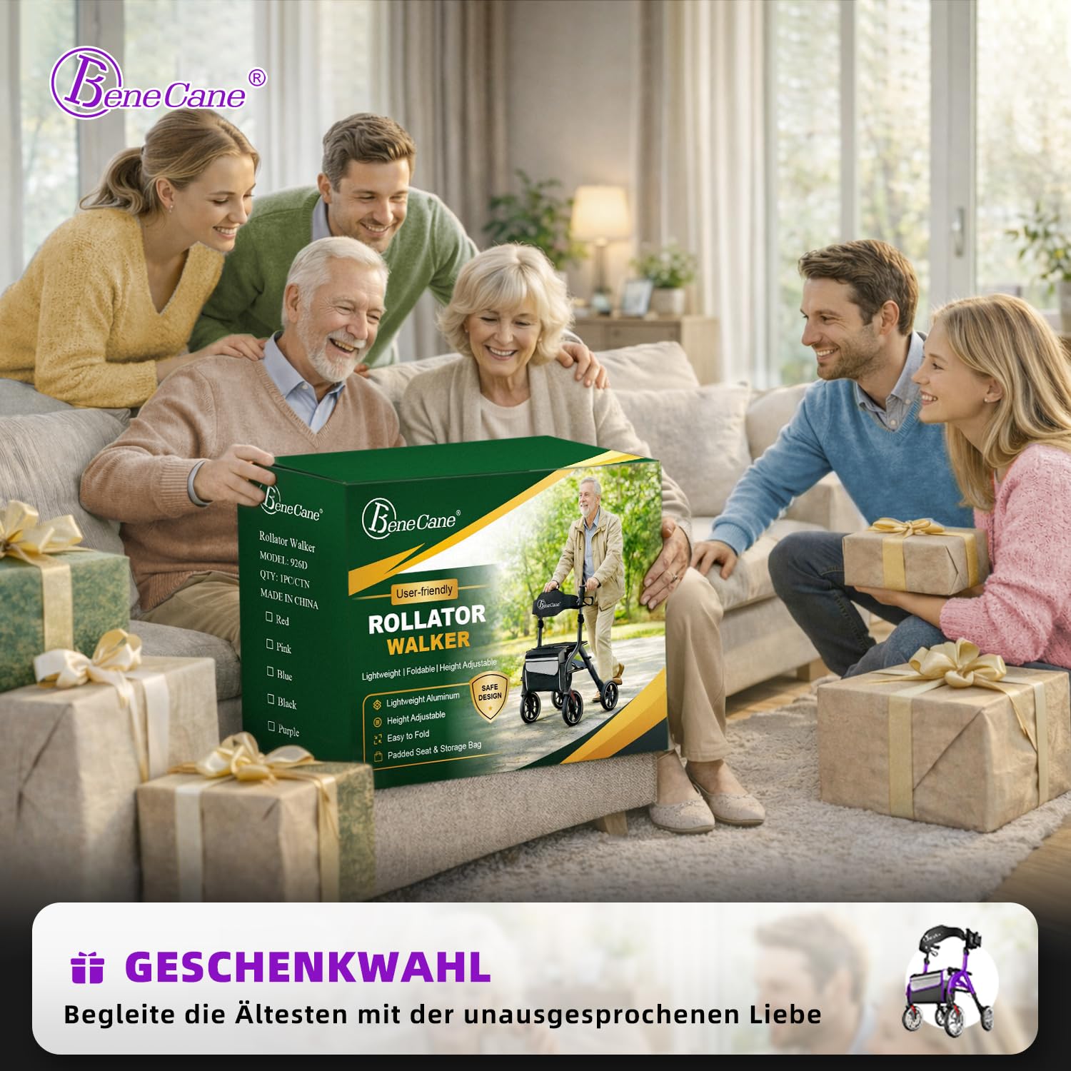 BeneCane Rollatory outdoorowe, składany i lekki, z siedziskiem, pomoc przy wstawaniu, pomoc w chodzeniu dla seniorów, łatwe składanie, regulacja wysokości, z siedziskiem, paskiem na plecy, torbą
