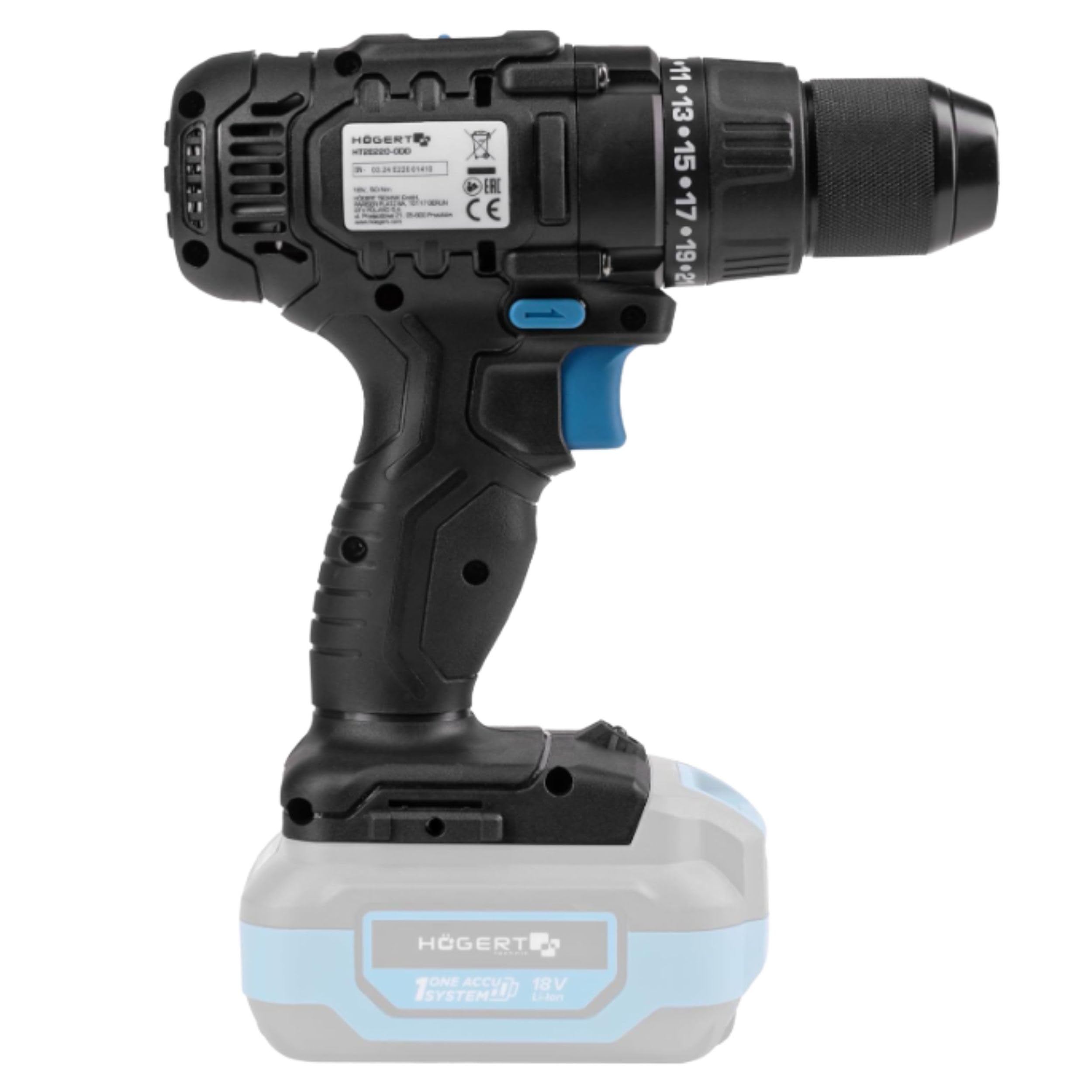 HÖGERT TECHNIK Perceuse-visseuse sans fil 18V, couple 50 Nm, mandrin Auto-Lock 13 mm, 21+1 réglages de couple, 2 vitesses, éclairage LED, engrenage métallique, sans batterie