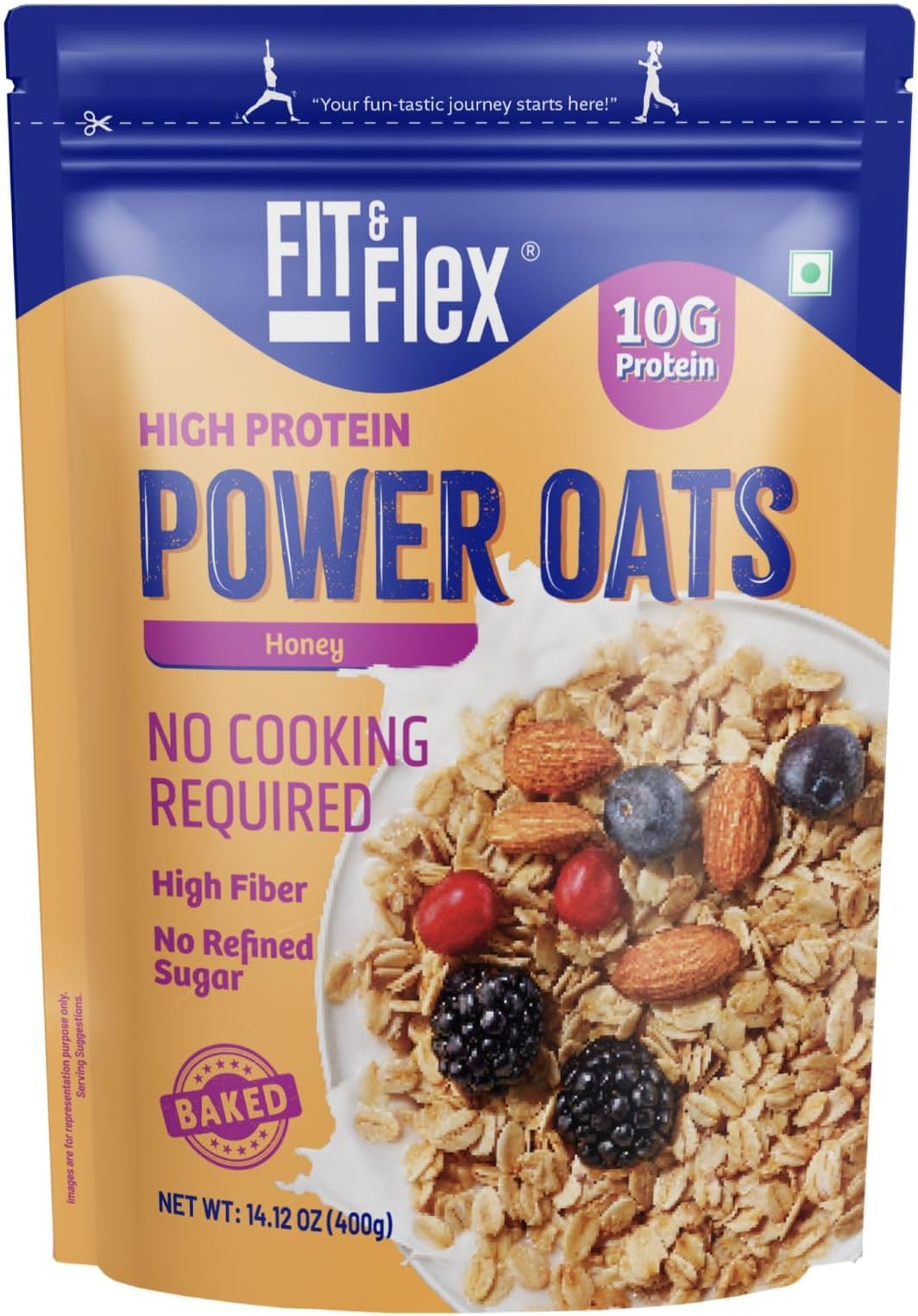 FIT & FLEX High Protein Oats,Baked Honey Oats, Zero Refined Sugar, Ready to Eat, Gluten Free & Preservative Free - As Seen on Shark Tank India - (400 g) Pack of 1