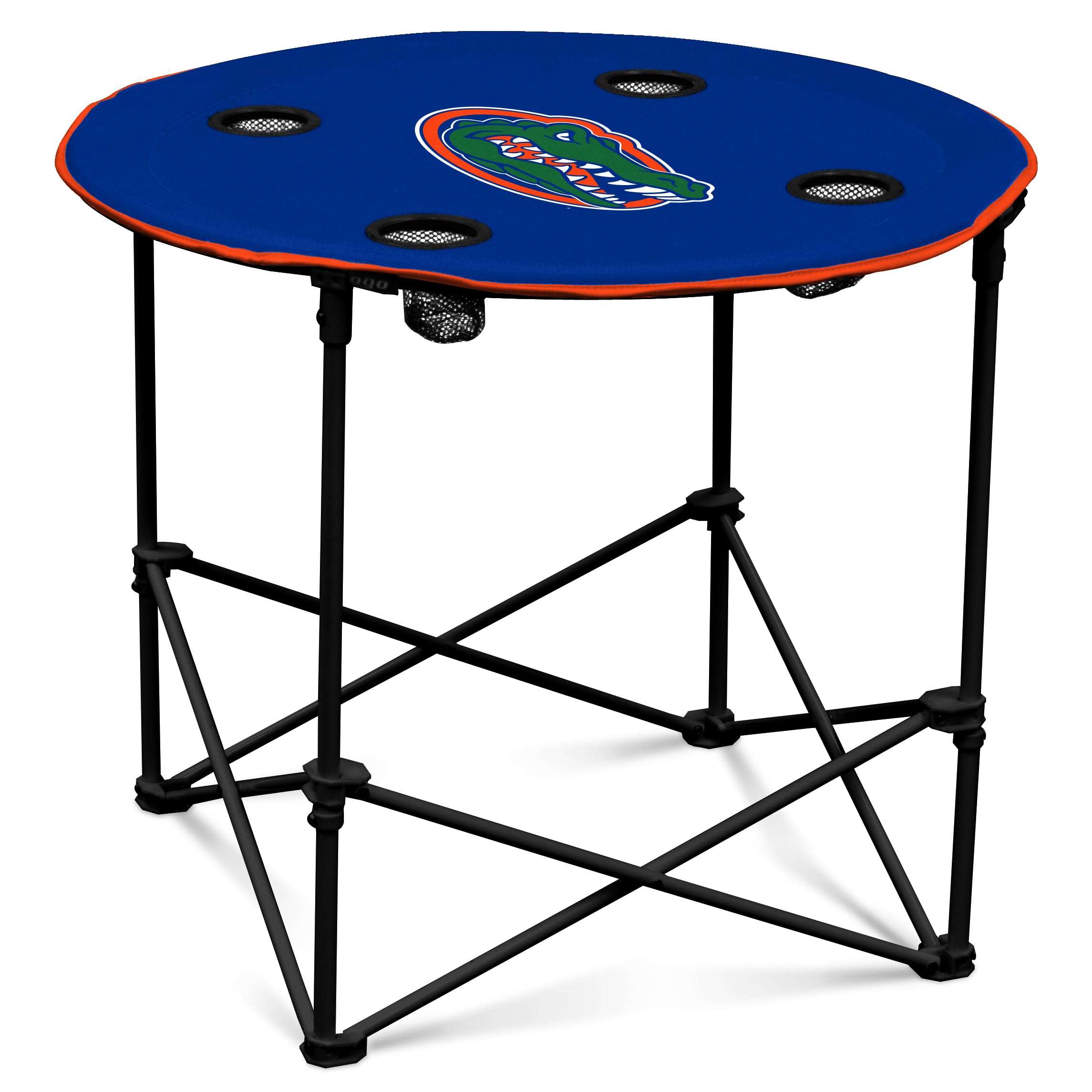 Logo Brands NCAA Florida Gators Round Tailgating Table – Portable with Foldable Legs, 4 Cup Holders, Powder-Coated Steel, and 27.6" Surface Diameter, Team Color