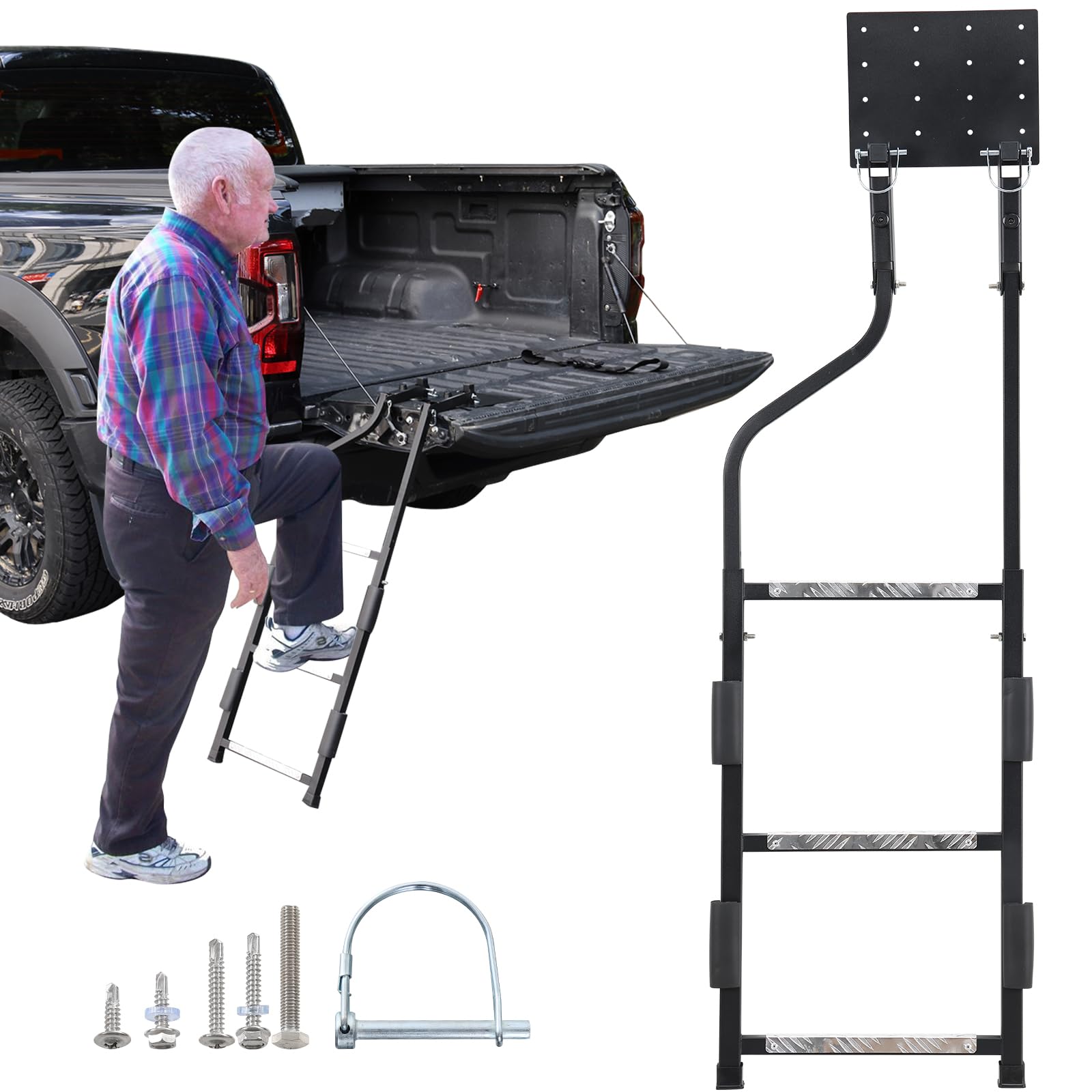 Tailgate Ladder, Heavy Duty Pickup Trucks Tailgate Steps, Elder-Friendly Truck Bed Ladder with Anti-Slip Steps, No Noise Foam Pad, Easy Install Foldable Truck Accessories Universal Fit Ram Ford