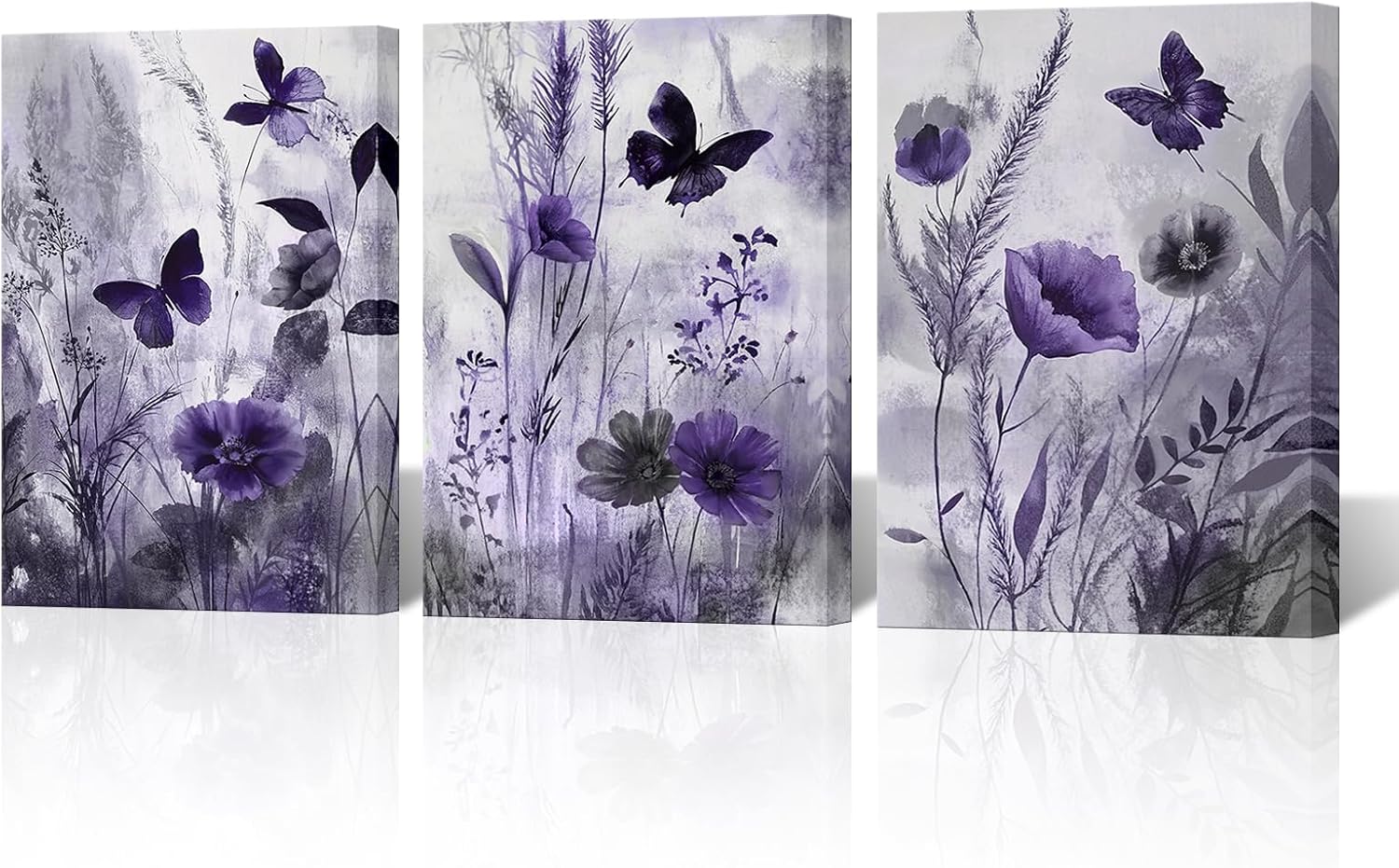 NutArtPic Botanical Canvas Wall Art Framed Wildflower Paintings Poppy Pictures Purple Artwork Minimalist Bedroom Bathroom Kitchen Wall Art(Purple Small)