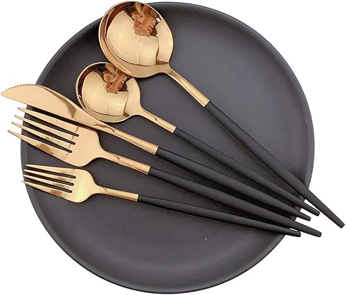 Miniatura 5 de Gugrida Juego de cubiertos de 10 piezas de acero inoxidable 304 con mango negro, tenedores dorados, cucharas, cuchillos, cubiertos pulidos con