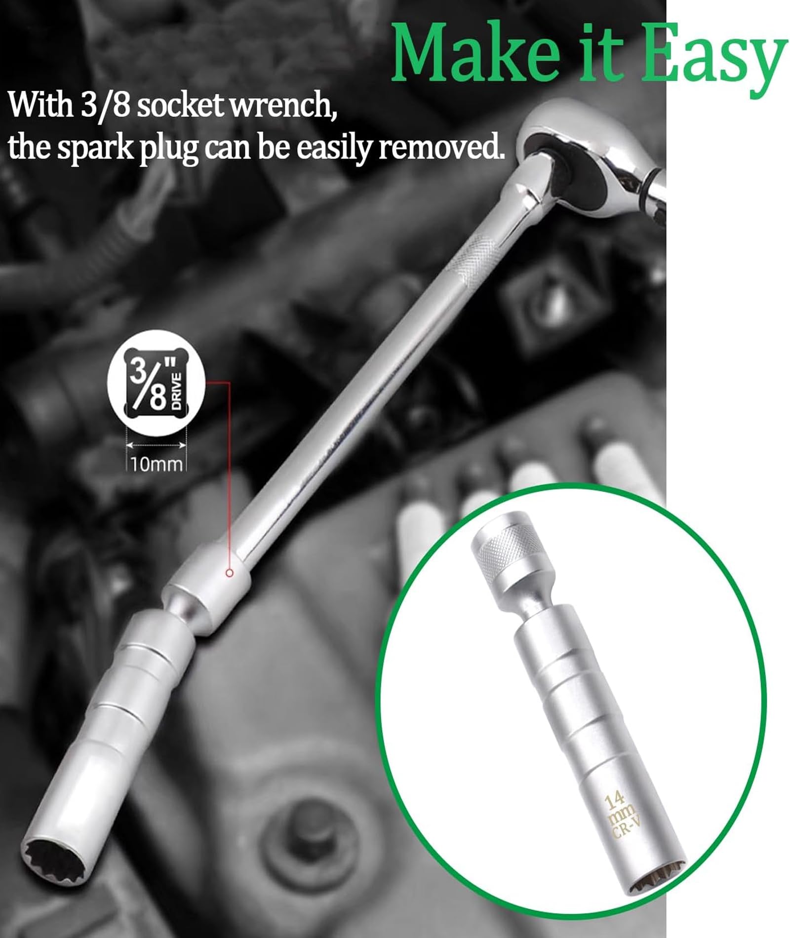 Spark Plug Socket,14mm Ultra Thin Spark Plug Socket Wrench, Long Reach Spark Plug Removal Tool for Tight Engine Spaces 4