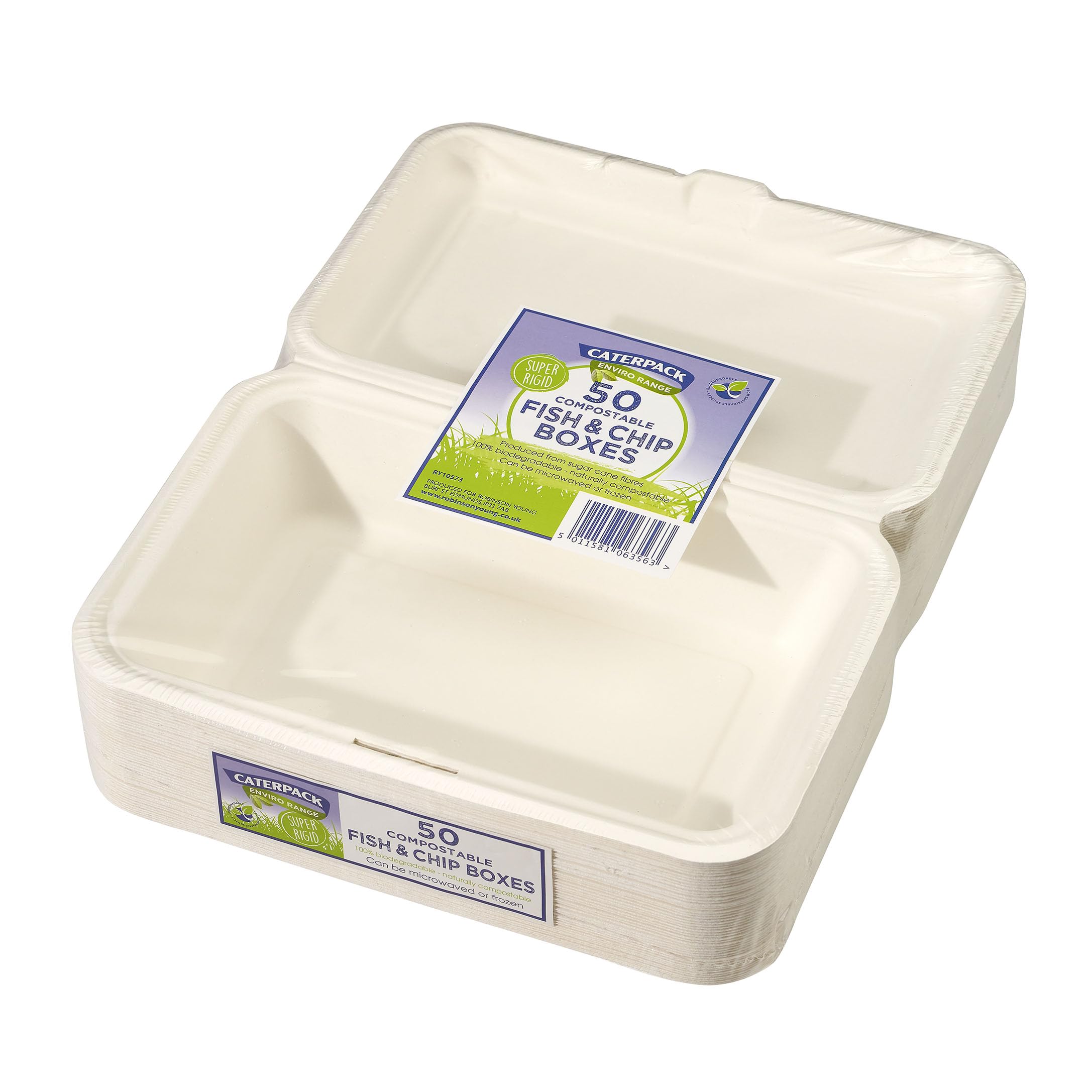 Caterpack Enviro Range Fish + Chip Boxes 6 x 9 50 pack. Disposable, biodegradable chip boxes. Suitable for microwaving and freezing, water repellent and greaseproof