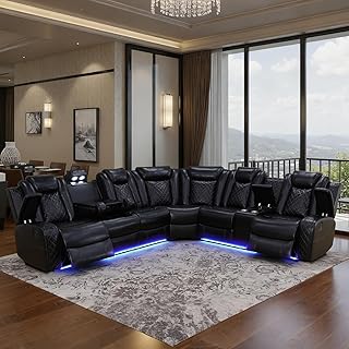 Power Leather Recliner Sectional Sofa with LED Light,L Sh...