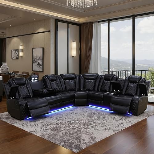 Power Leather Recliner Sectional Sofa with LED Light,L Shaped Recliner Modular Couch with USB Charger/Cup Holder/Storage,Leather Sofa for Living Room/Home Theater(Black,Sectional)