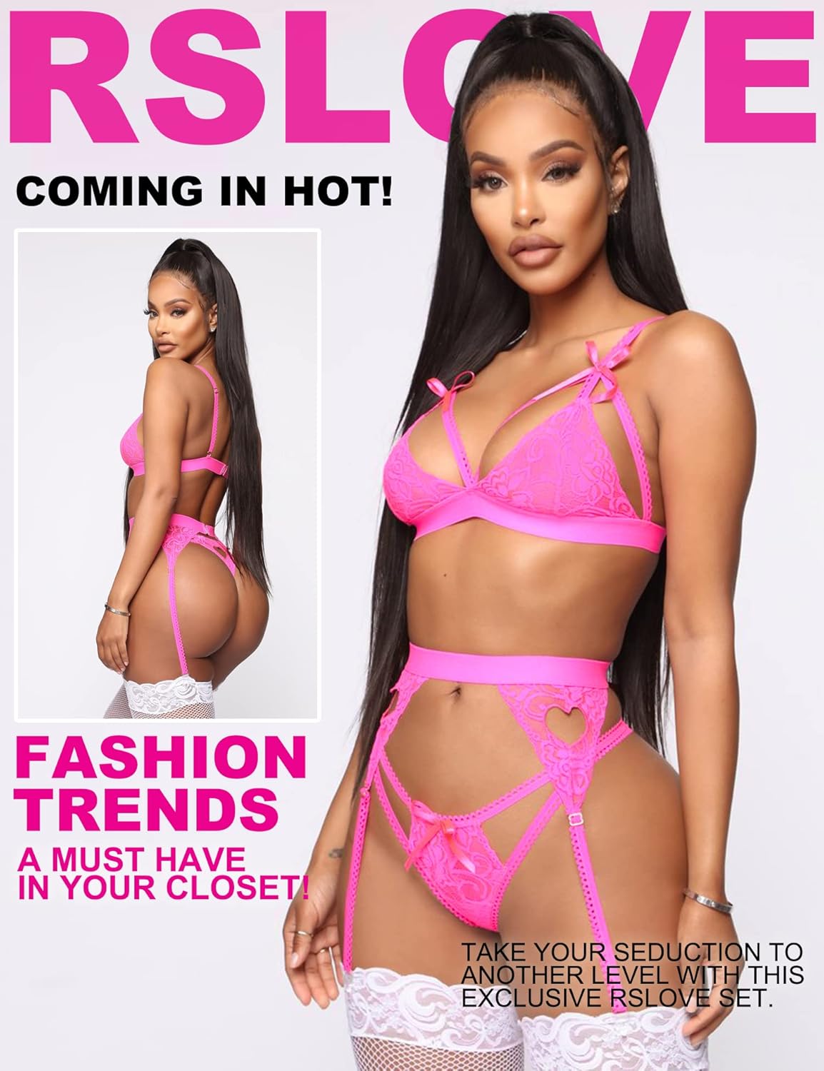 Miniatura 4 de RSLOVE - Conjunto de lencería para mujer con cinturón de liguero, 3 piezas de encaje de peluche, sexy body ajustado