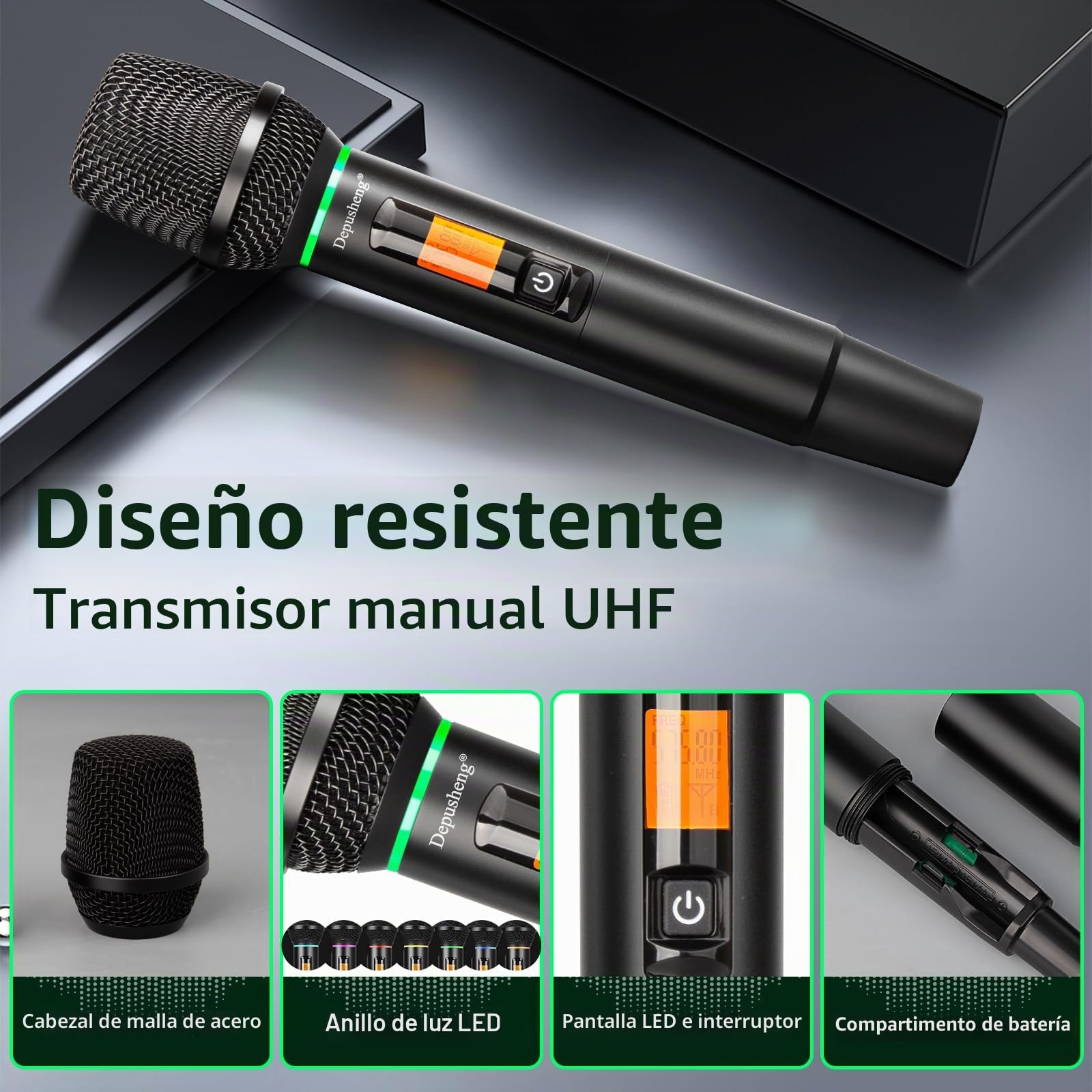 Depusheng Micrófono inalámbrico R7 equipado con dos micrófonos portátiles dinámicos y receptor, con un rango de recepción de 80 metros, adecuado para escenarios de conciertos de karaoke