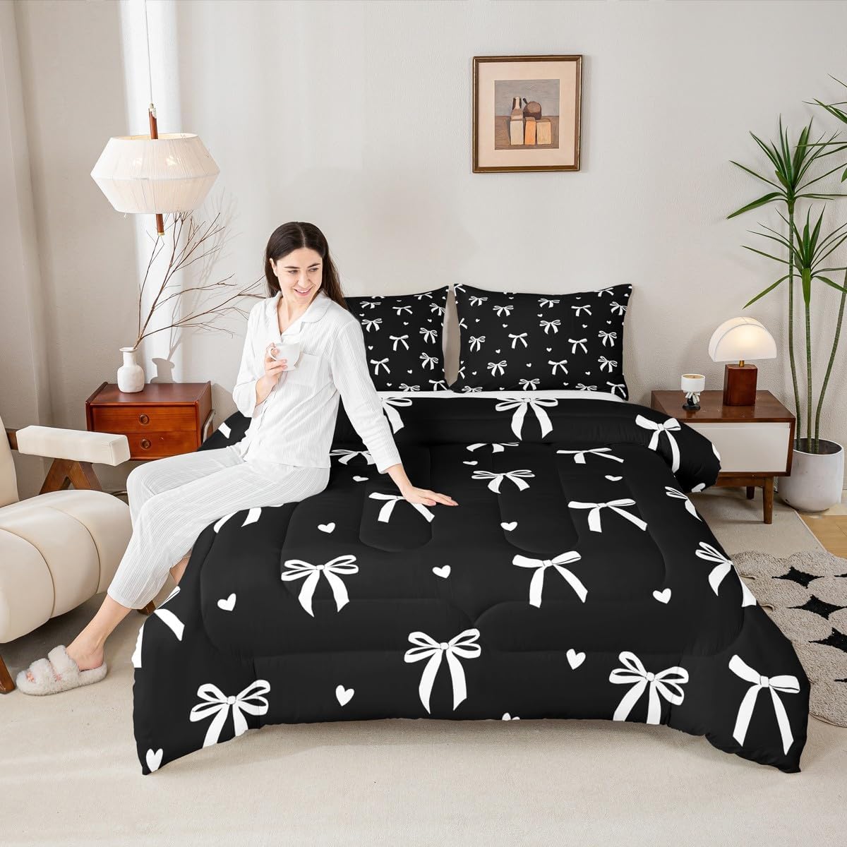 Feelyou Cute Bowknot Bedding Set Soft for Boys Girls, Coquette Bows Comforter Set Twin Size Black White Duvet Quilt Microfiber Bowknot Heart Bedroom Decor 2 Pcs with 1 Pillow Cases