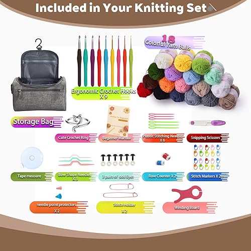 Miniatura 2 de EDCUEBE7 Kit de ganchillo para principiantes  18 madejas de hilo y 9 ganchos de ganchillo ergonómicos (0.08  0.236 pulgadas), bolsa de