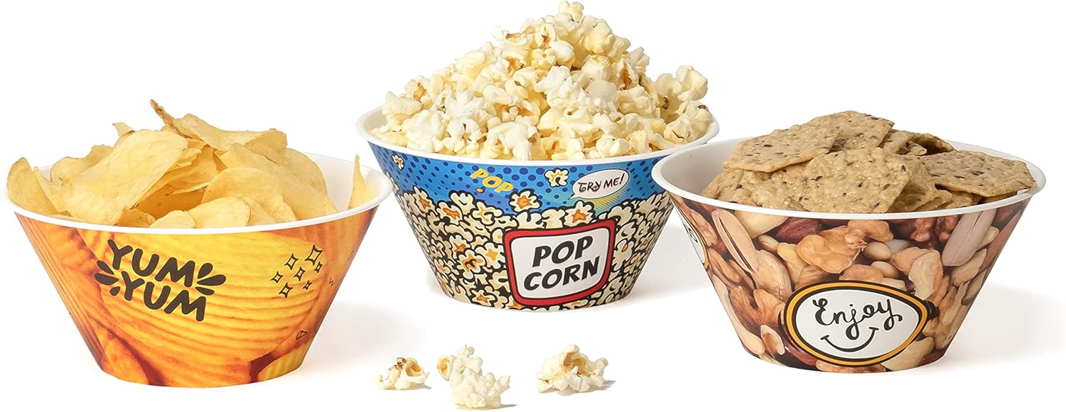 Red Co. Set of 3 Small Popcorn Containers, 6 inch Plastic Snack Bowls with Individual Designs : Home & Kitchen