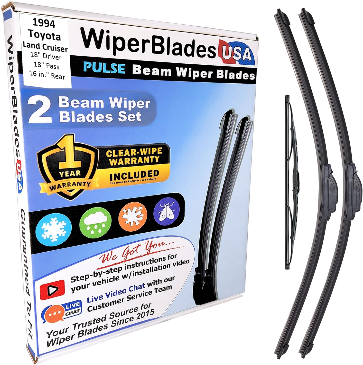 WiperBladesUSA Wiper Blades Set w/ 1yr warranty compatible with Toyota Land Cruiser 1994 Wipers (Set of 3) w/Rear Wiper Pulse Wipers