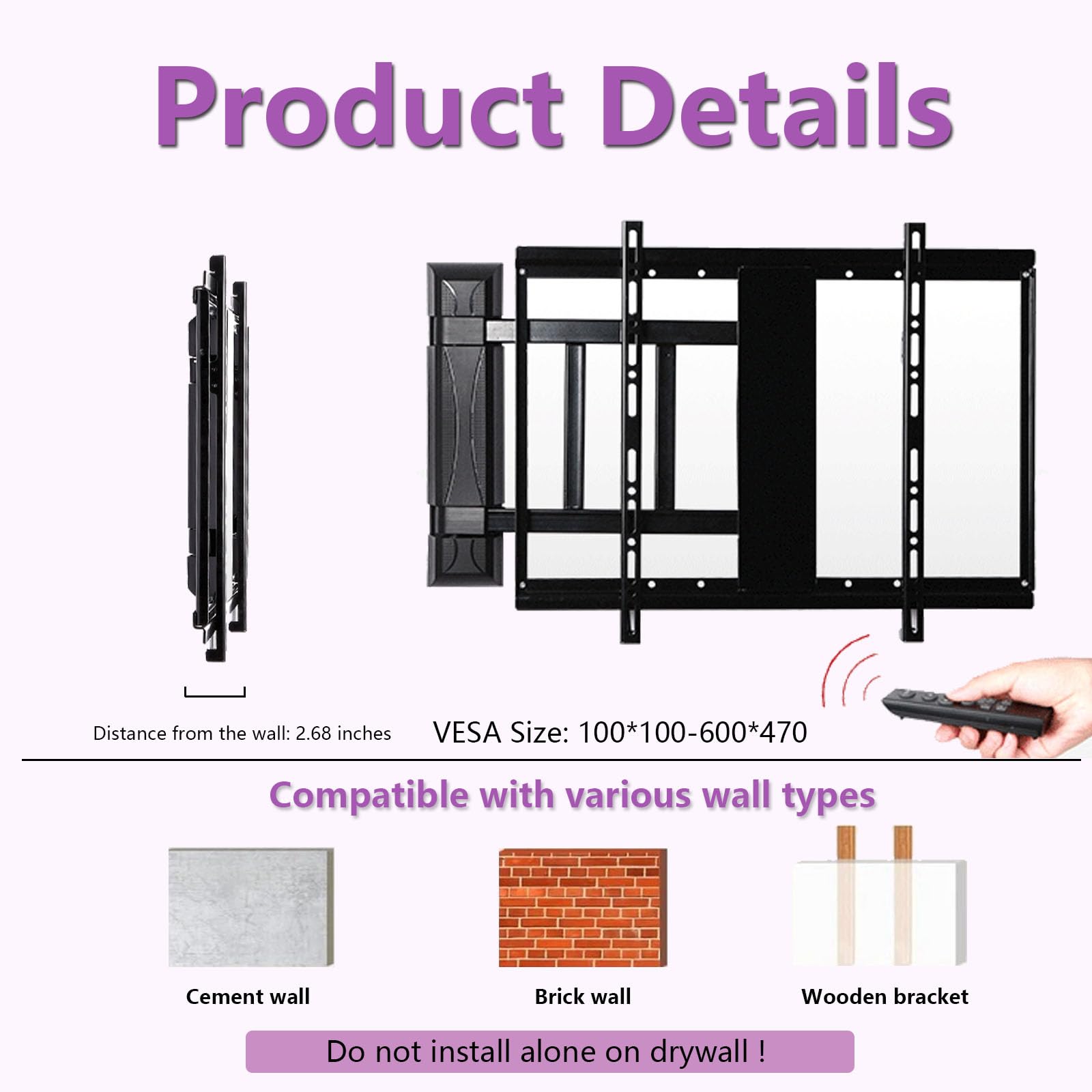 Soporte Pared TV motorizado Extensible para Pantallas LCD 65–86 Pulgadas | Soporte motorizado con control remoto, giro de 70–90° y ligera inclinación, VESA máxima 750x600 para hogar y oficina