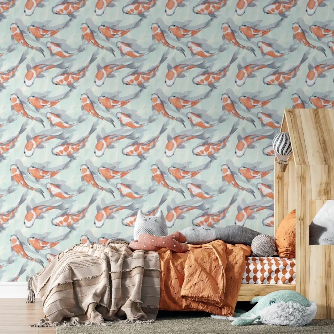 Non-Woven Paper Wallpaper Peel and Stick Aquatic Koi Fish - Kids Room Non-Woven Wallpaper, Self Adhesive - Contact Paper for Cabinets and Drawers – 17.7" W x 118" H (One Roll)
