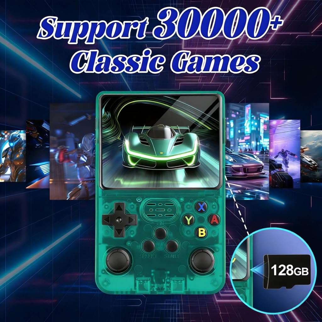 Rhesusco R36S Retro Video Game Console-3.5 Inches HD Screen,Open Source Linux System,3000mAh Rechargeable Battery,128G TF Card,30000+ Classic Video Games Portable Mini Game Console for Gifts-Green — view 4