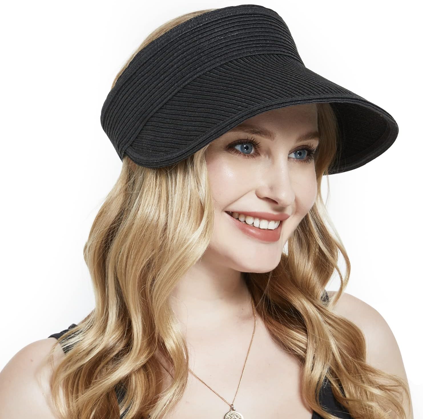 Sun Visor Hat for Women, Wide Brim Straw Summer UV Protection Hat, Foldable Roll-up Packable Beach Cap