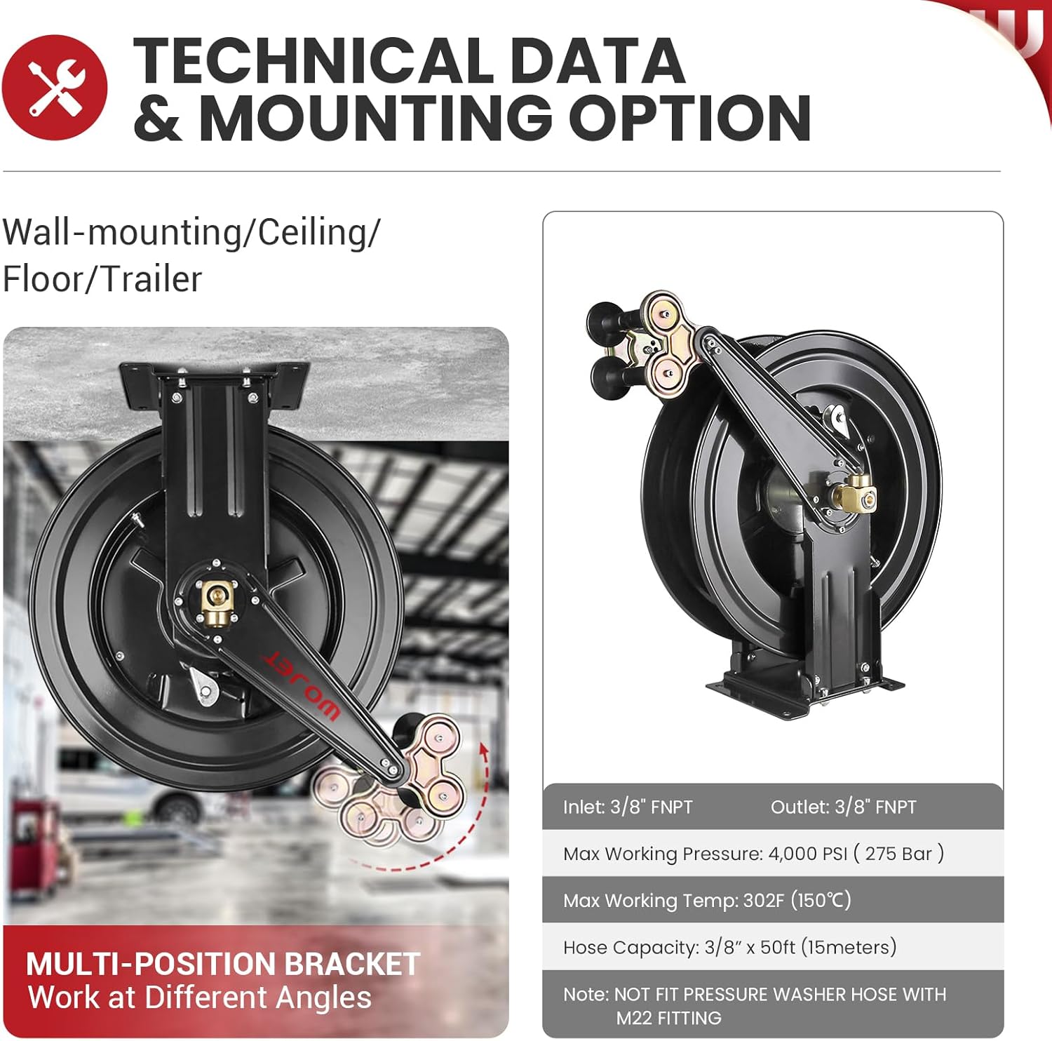 WOJET Pressure Washer Hose Reel 50 ft x 3/8 in, Retractable Hose Reel for Water/Air/Oil, Heavy Duty Hose Reel in Steel, Power Washer Reel with Dual Arm, Auto Rewind, Max 4000PSI (Without Hose)
