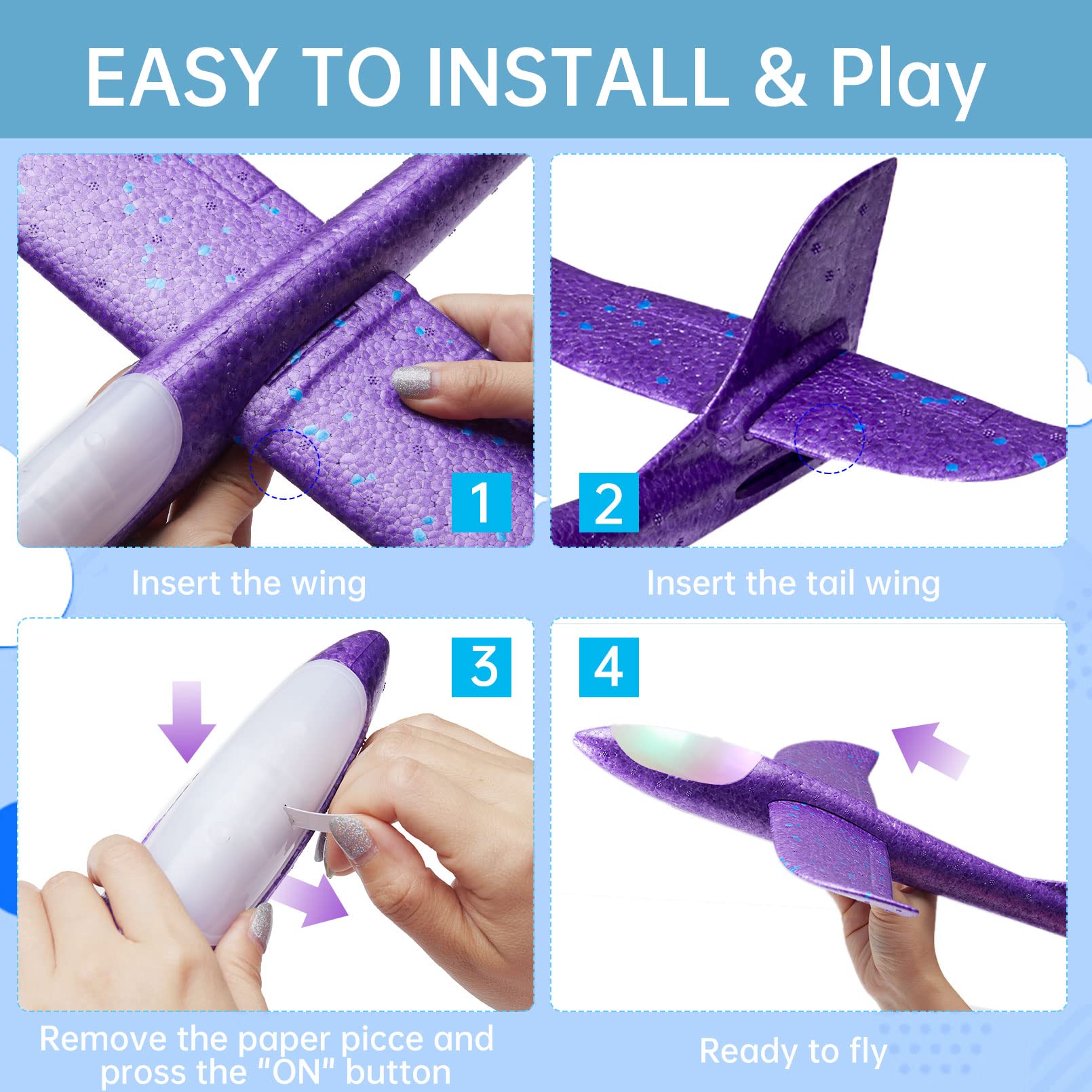 Paquete de 4 juguetes de avión con luz LED, avión de espuma grande de 17.5 pulgadas, 2 aviones planeadores de modo de vuelo, juguetes de vuelo de avión de espuma para niños, juguetes deportivos al 5
