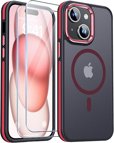 JAME Funda para iPhone 15, iPhone 15 con 2 protectores de pantalla de vidrio templado, compatible con Magsafe, protección de grado militar, funda