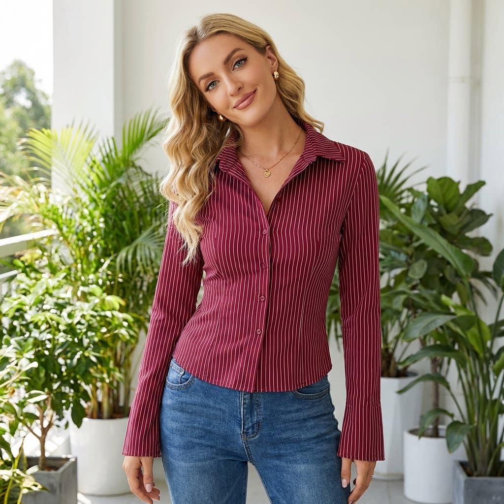 Camicia Donna,Camicia Slim a Righe da Donna, con Bottoni e Maniche Lunghe, Ideale per Il tragitto casa-Lavoro.