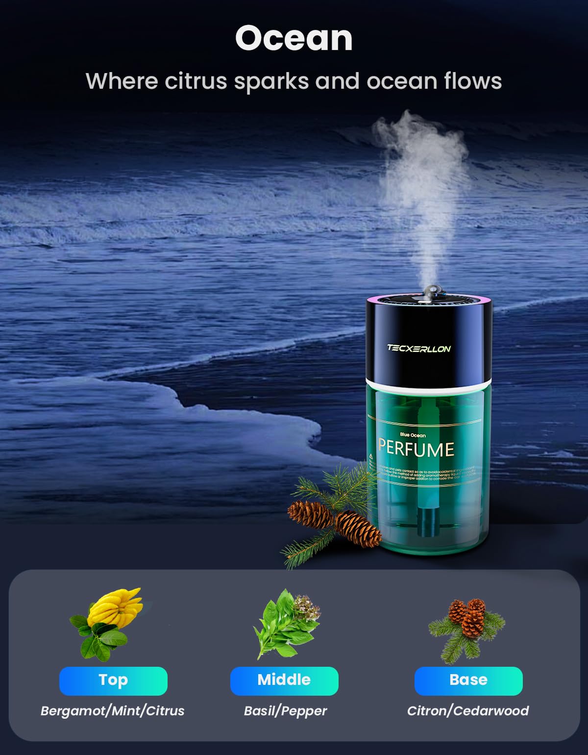 TECXERLLON Diffuseur d'Air Voiture, Lumière Ambiante Étoilée RVB, 4 Modes Parfum, 120 Jours Autonomie, Charge USB-C Rapide, Marche/Arrêt Auto, Parfum Océan, 120ml