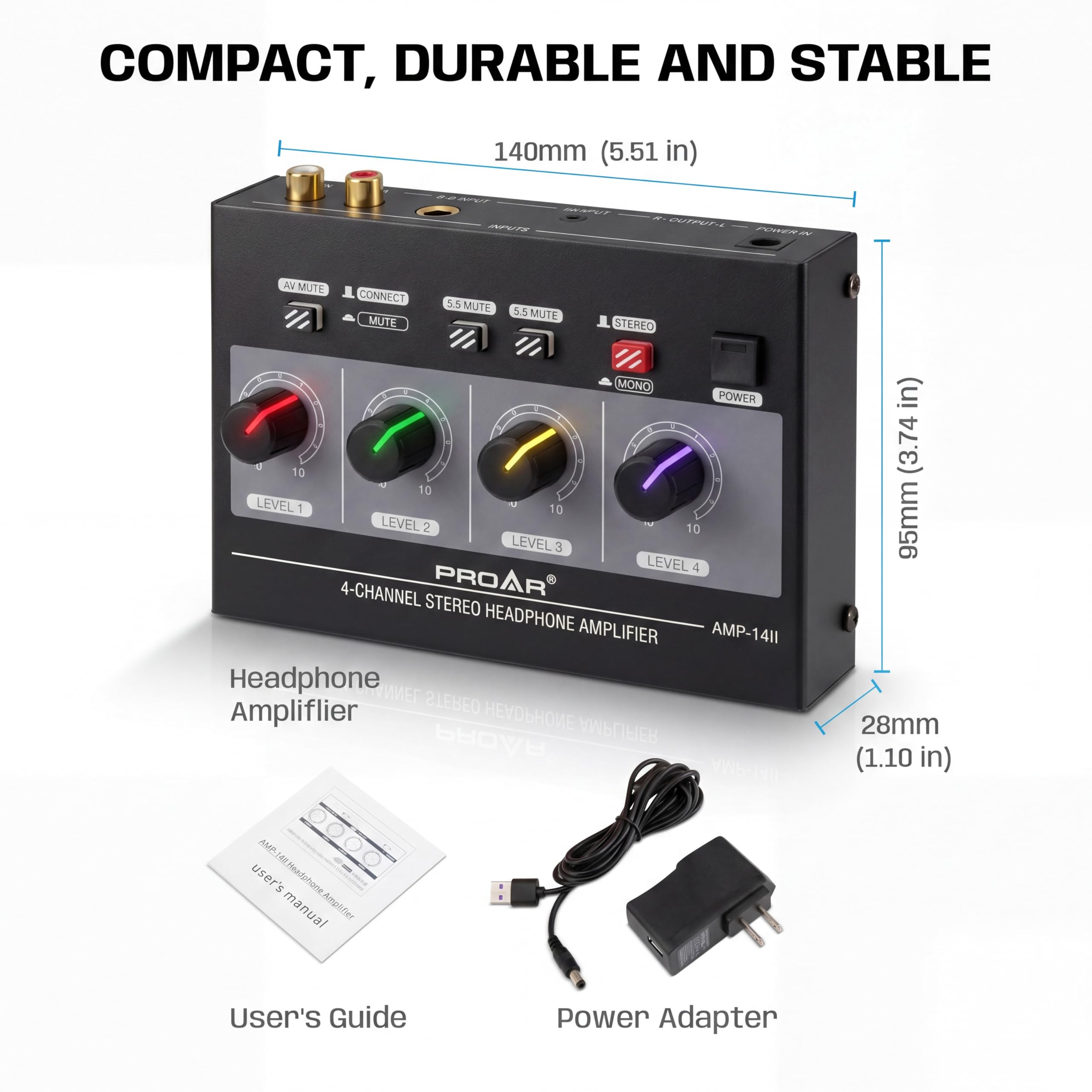 Amplificatore per cuffie a 4 canali con luce a 7 colori, amplificatore per cuffie per studio musicale con splitter audio per cuffie mono/stereo multi-porta in metallo con uscita cuffie TRS da 1