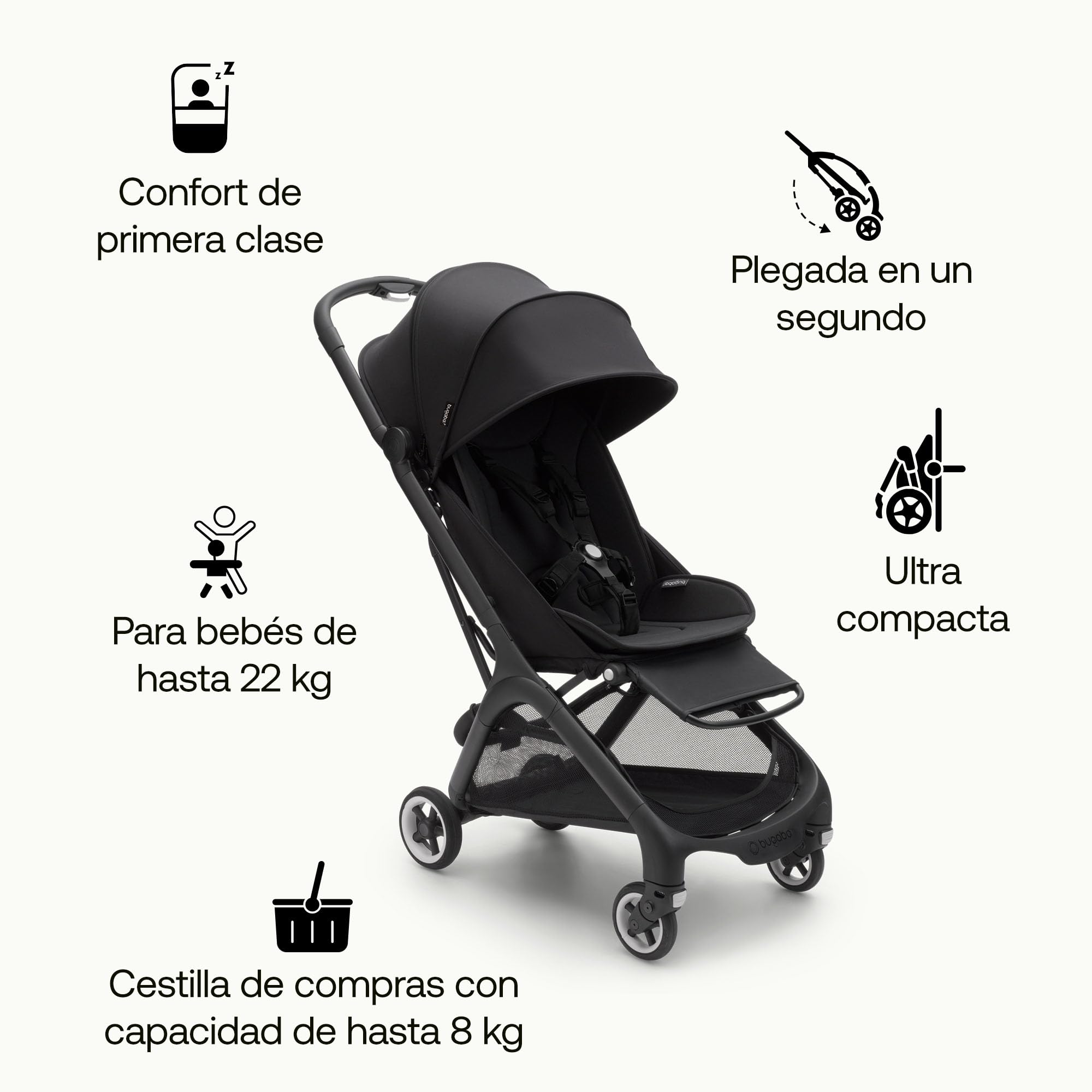 Bugaboo Butterfly Pack, Silla de paseo de Viaje con barra de seguridad, Pequeña y Ligera, Fácil de Plegar en 1 segundo, Cochecito Urbano para Bebés y Niños, espacioso con dirección cómodo, Negro
