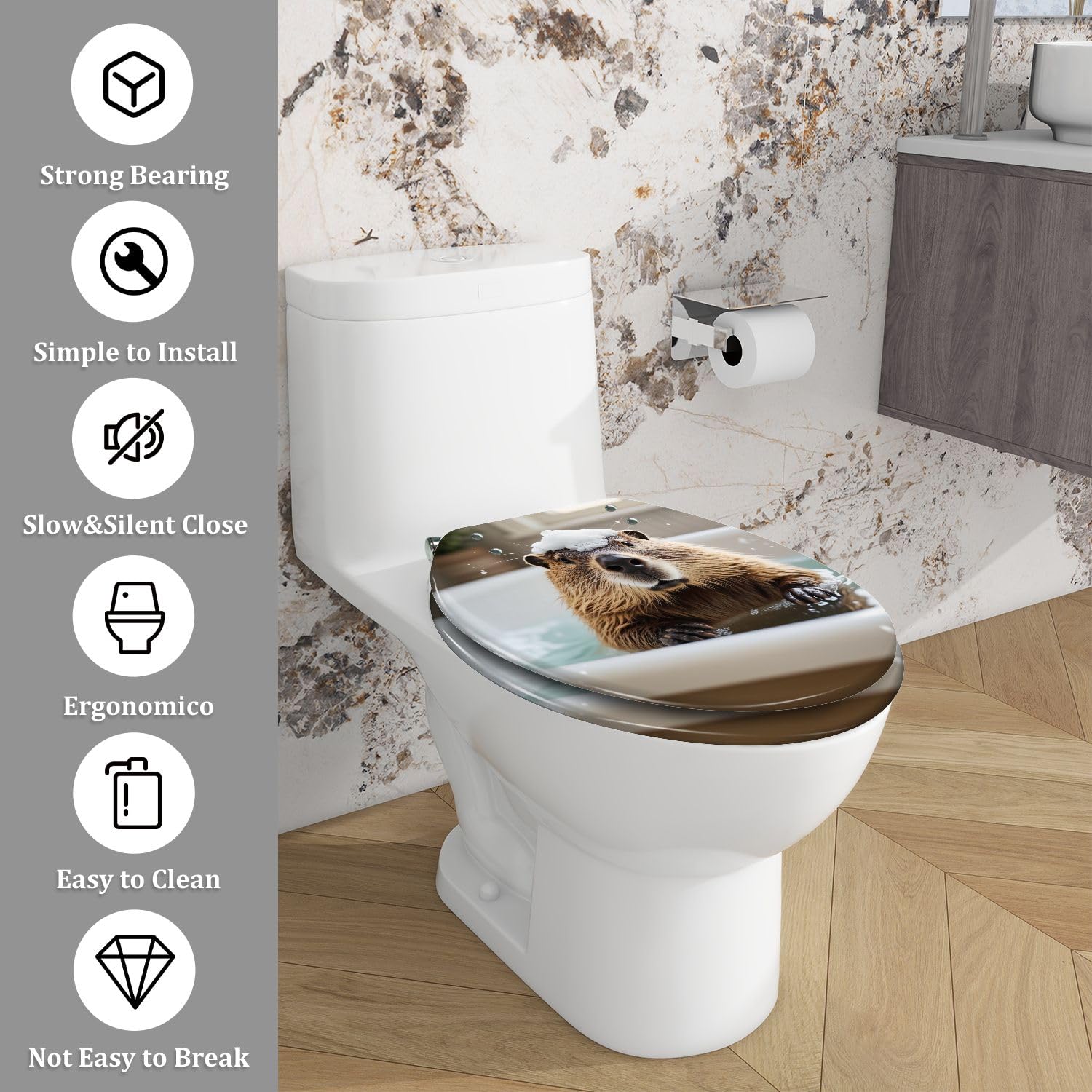 Sedile WC allungato in resina a forma di castoro, per uso bagno.