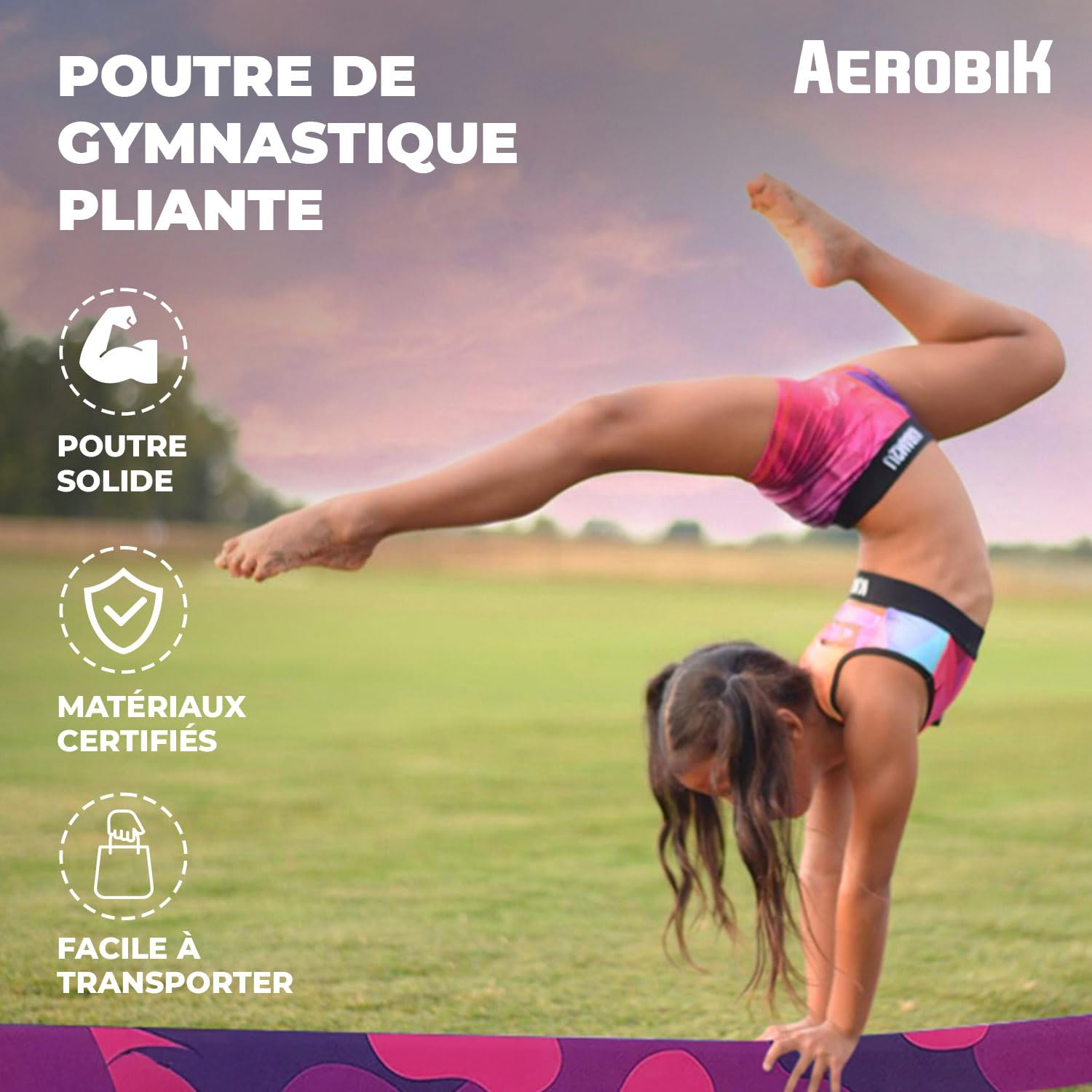 Aerobik | Poutre de Gymnastique Pliable 240 cm Violette | Stable, Antidérapante et Lavable | Enfants & Adultes | Ruban de Gymnastique Offert pour Un entraînement Complet | Original Corner