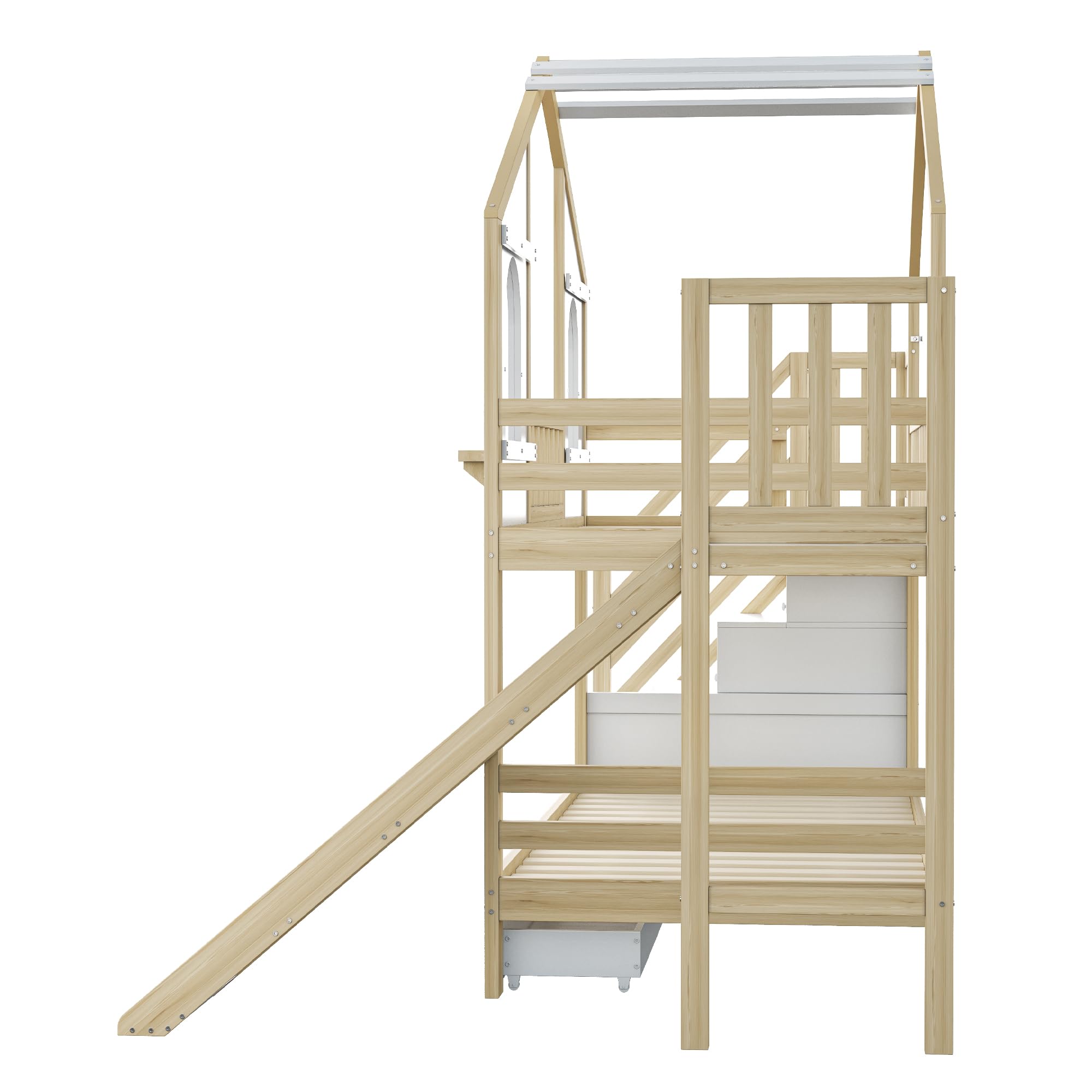 Dolamaní Kinderbett Hausbett 90x200 cm, Hochbett mit Treppe und Rutsche, Etagenbett 2 Betten mit Lattenrost & Stauraum, 2 Schubladen, Kiefer Holz, Bettgestell Holzbett, ohne Matratze (Natur + Weiß)
