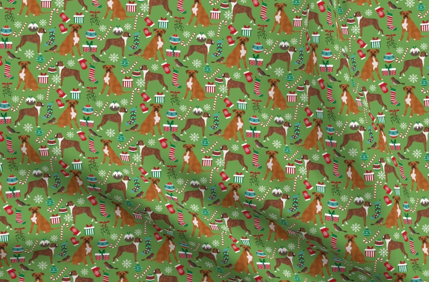 Spoonflower Fabric - Boxer Dog Christmas Cute Xmas Holiday Best Dogs Green Cloth Pet Printed on Organic Cotton Sateen Fabric by The Yard - Sewing Quilting Apparel Home Decor