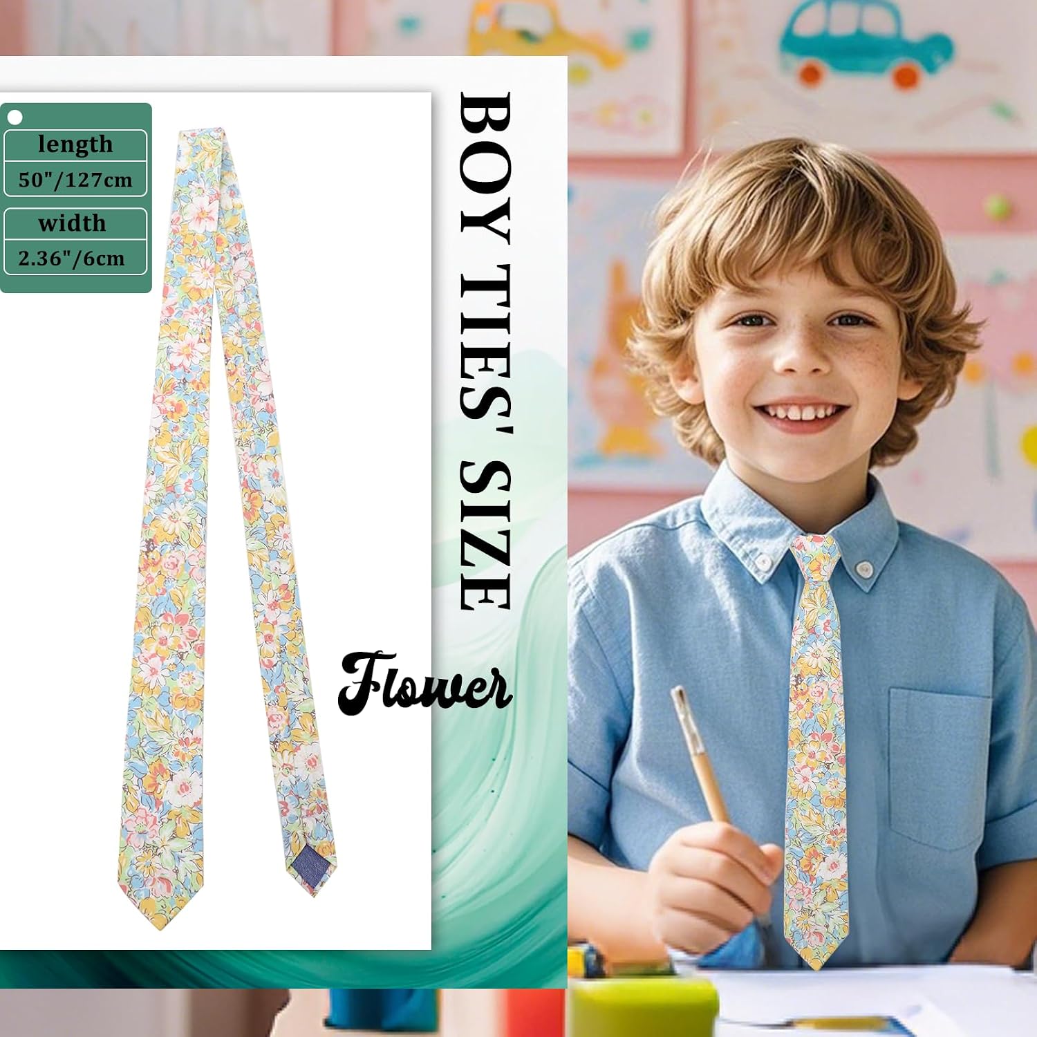 LJBFNN Floral Ties for Boys Cotton Adjustable Clip on or Self Tie for Kids Girls Teen Shirt Vest School Accessories Necktie