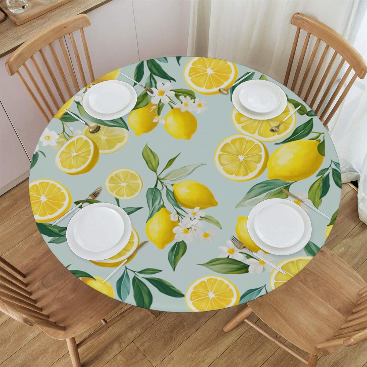 KNEMI Lemon Floral Fitted Round Tablecloth with Elastic Edge, Waterproof Table Cloth Wipe Clean Round Table Cover for Outdoor Garden Patio Dining Table, Fits Round Tables up to 40"- 44" Diameter