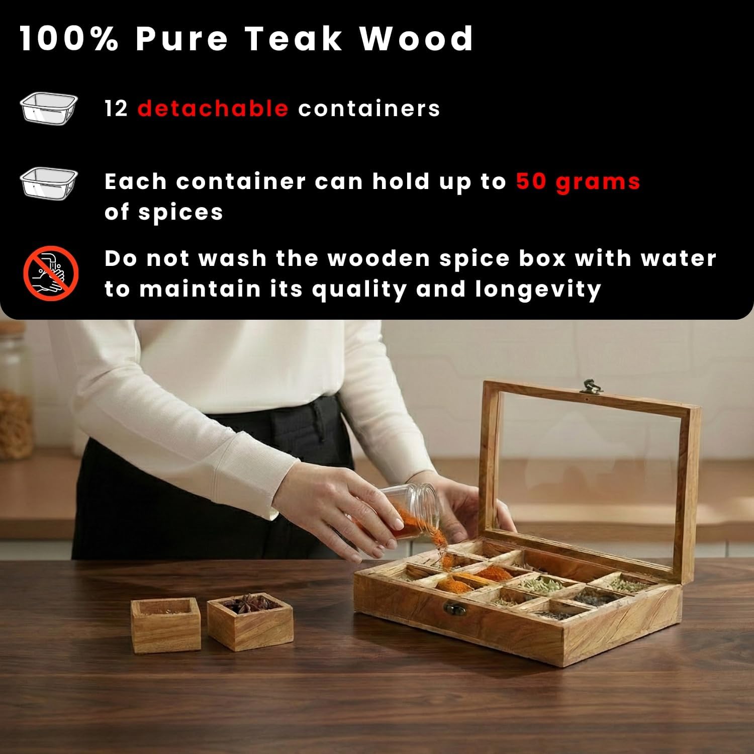 ExclusiveLane 'Medley of Masalas' Indian Spice Box with Spoon (12 Removable Container, Each Container : 1.8 oz, Teak Wood) | Masala Dabba Spice Storage Container Rack Wooden Spice Box for Gift