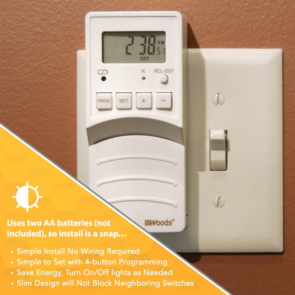 Woods 59744 59744WD Flip Converts Toggle Switch Timer, User Friendly, Slim Design, Energy Saving, Battery Operated, Easily Programmable with Adjustable Settings, White : Industrial & Scientific