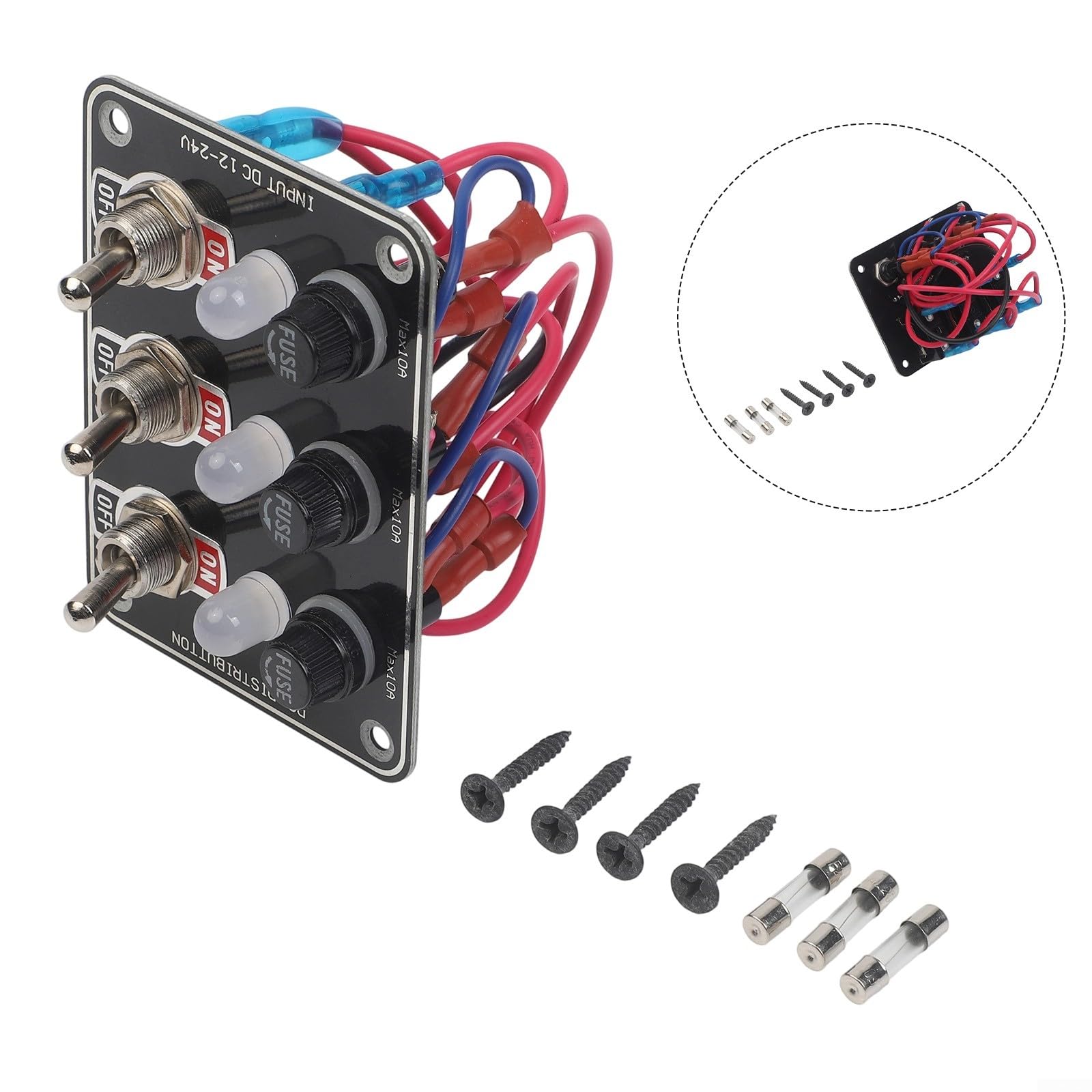 Pannello interruttori a bilanciere in metallo a 3 bande con scatola fusibili interruttore a LED per applicazioni marine e auto, impermeabile IP66 per sistemi di controllo elettrico da 12 V 24 V CC