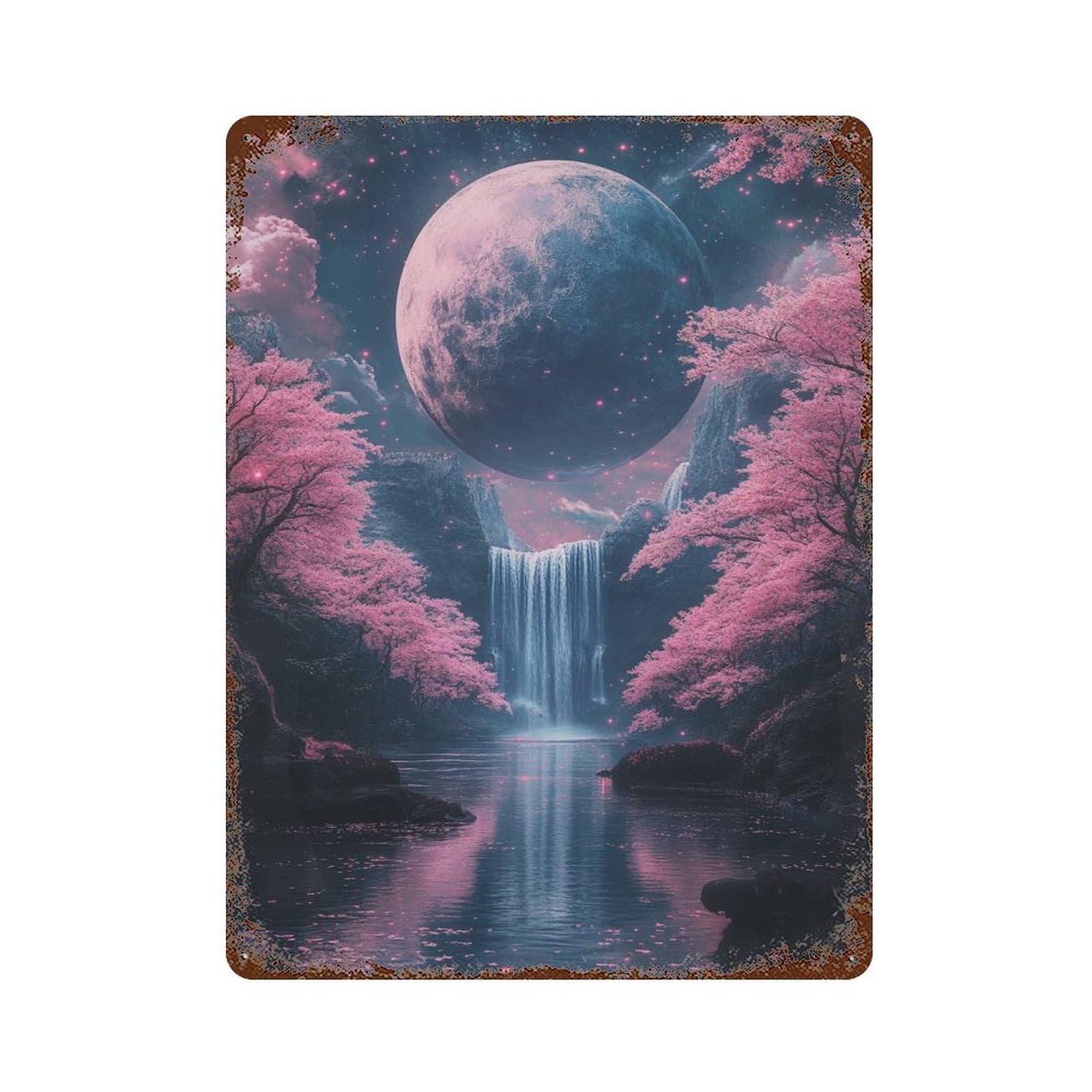 Rust Effect Fantasy Moonlit Waterfall Scene Vintage Metal Tin Sign 15.7"x11.8", Vintage Wall Decor for Office, Studio And Wall Decor