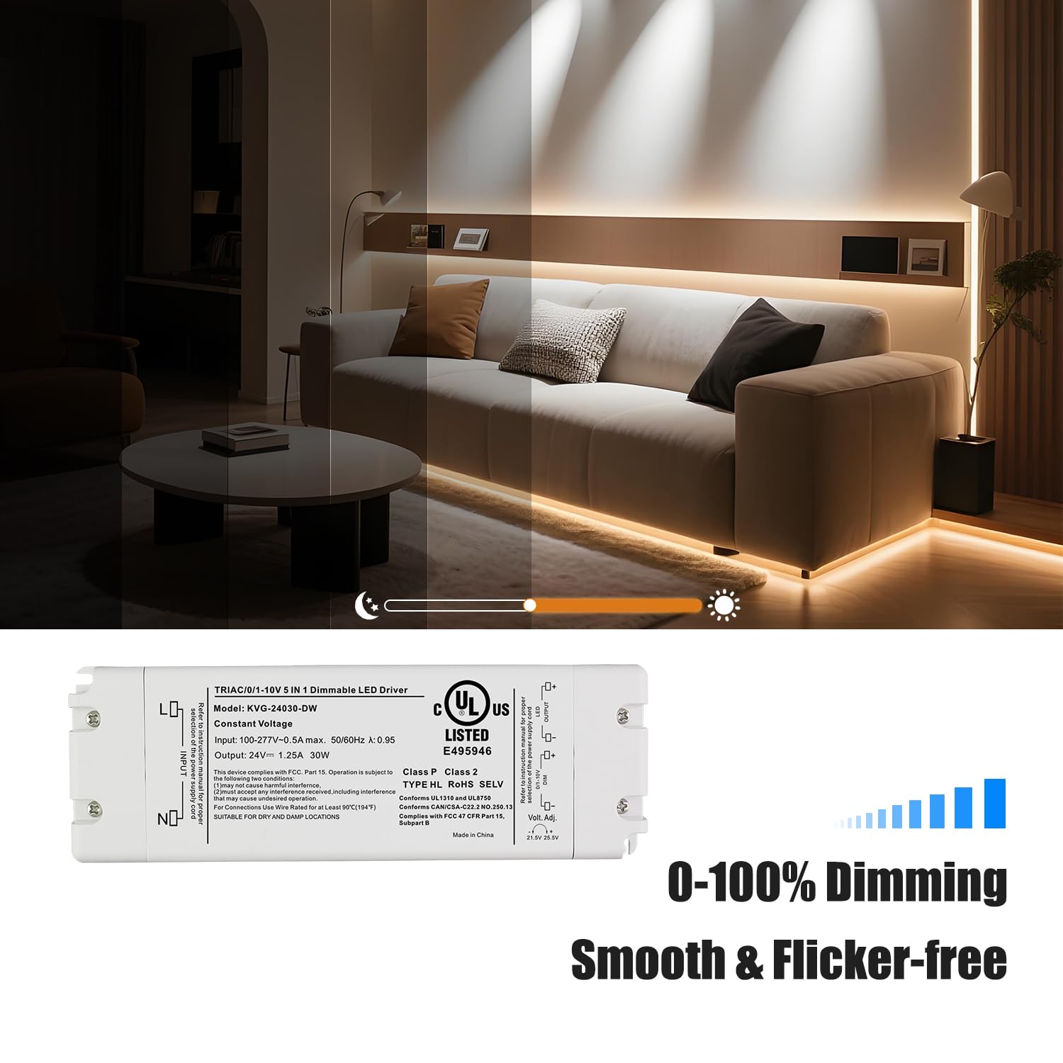 24V 30W Dimmable LED Driver, Power Supply for ELV, TRIAC Dimmer, AC to DC Transformer for LED Lighting, UL Listed, Class 2