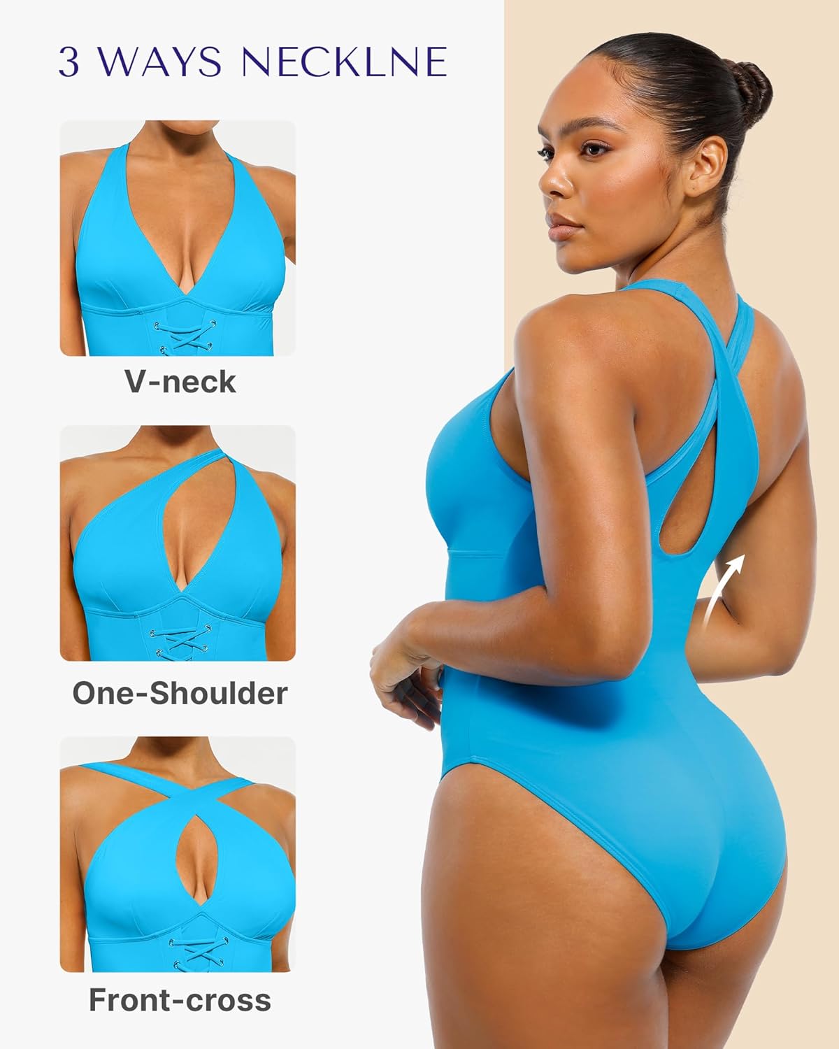 SHAPELLX Women One Piece Swimsuits Tummy Control Bathing Suits Push Up Slimming Swimwear with Built-in Bra V Neck - Image 5