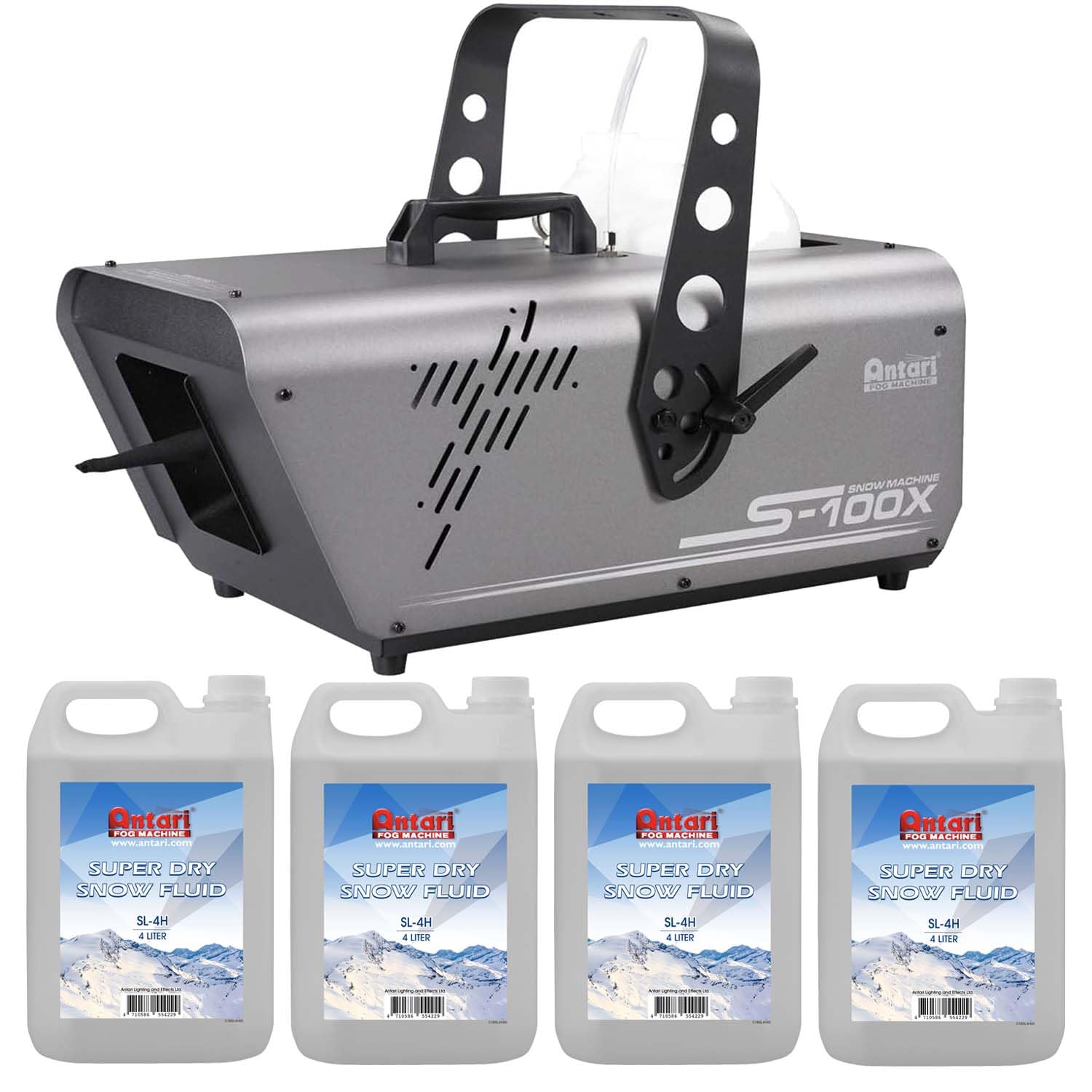 Antari S-100X High Powered Snow Machine, (4) Antari SL-4H Snow Foam Fluid Bundle