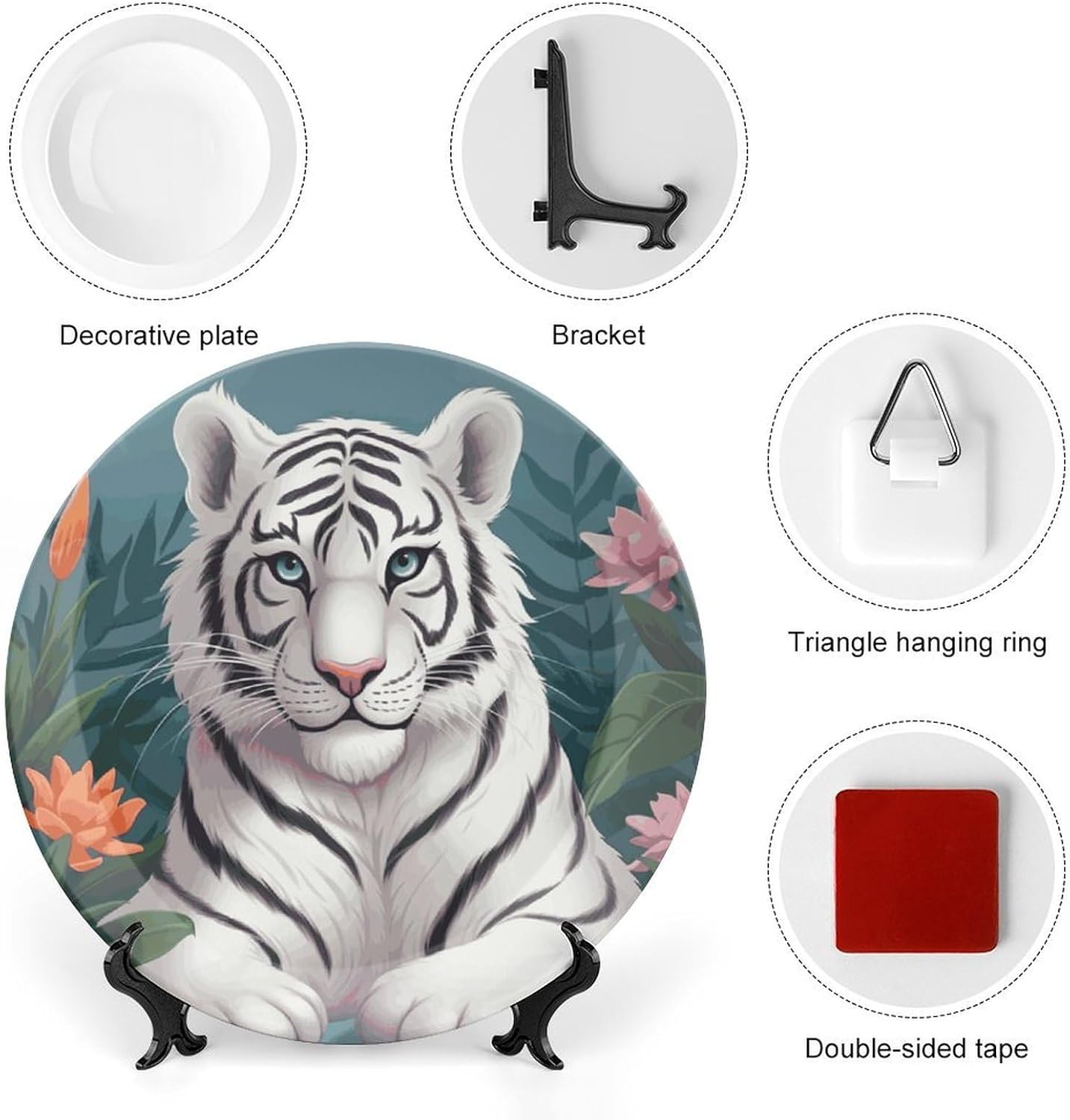 Cute White Tiger Bone China Decorative Plate with Display Stand, Ceramic Ornaments Plate for Wall Hanging, Personalized Porcelain Plates for Office, Living Room 8inch