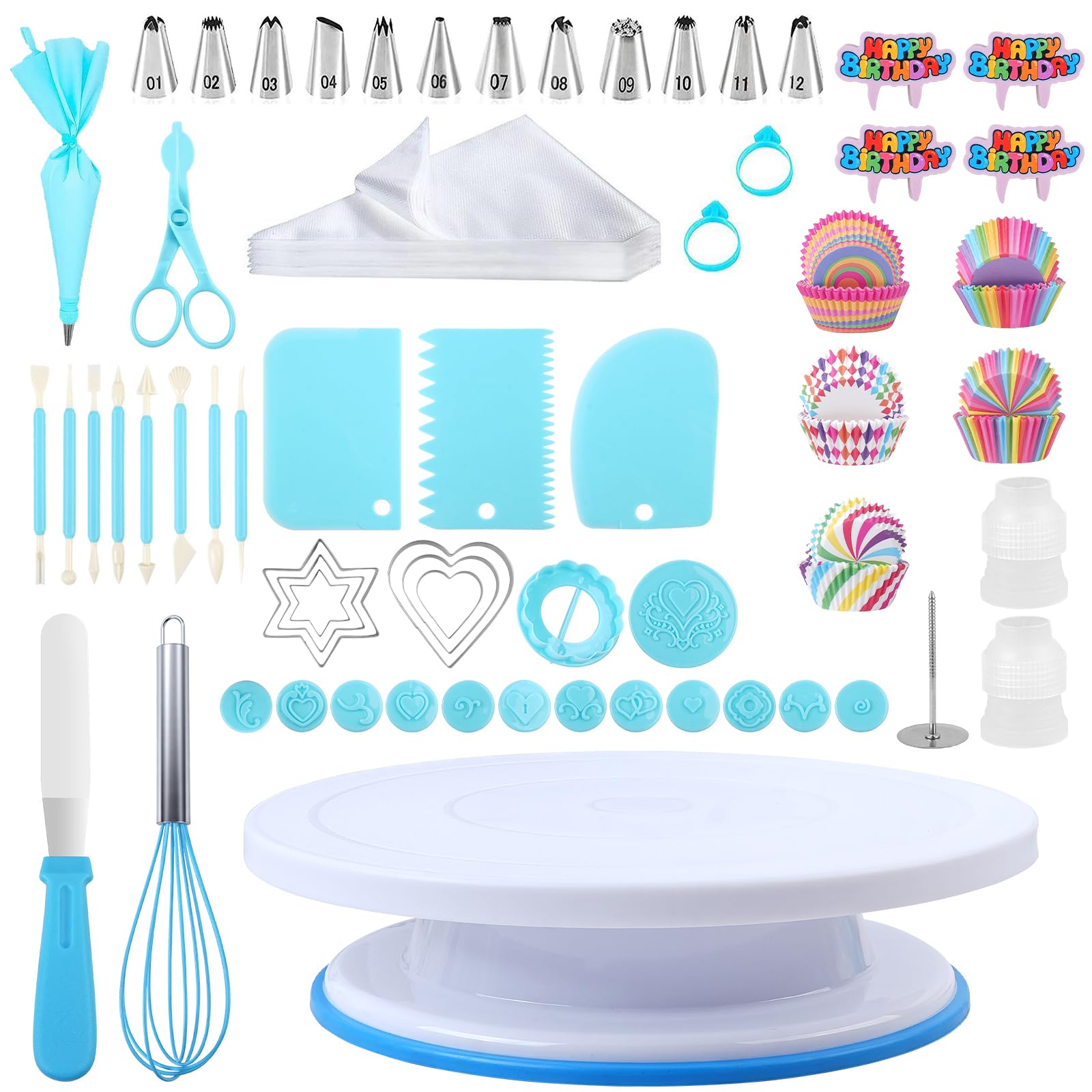 255Pcs Cake Decorating Kit for Beginners, Anti-Slip Turntable with 12 Numbered Icing Nozzles & 50 Piping Bags, Complete Cake Supplies for Home Baking, Birthday & Christmas