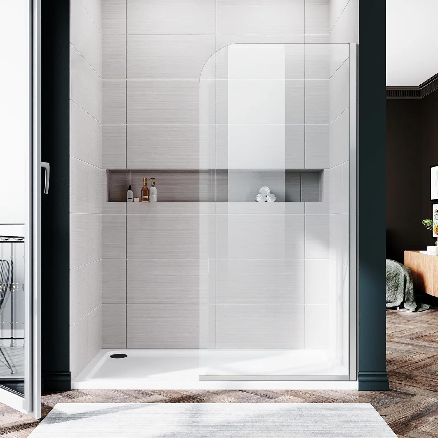 Glass Shower Panel, 32" W x 78" H Semi-Framed Fixed Shower Glass Panel in Silver with 5/16"(8mm) Clear Tempered Glass Door, Simple Shower Door Panel for Bathroom