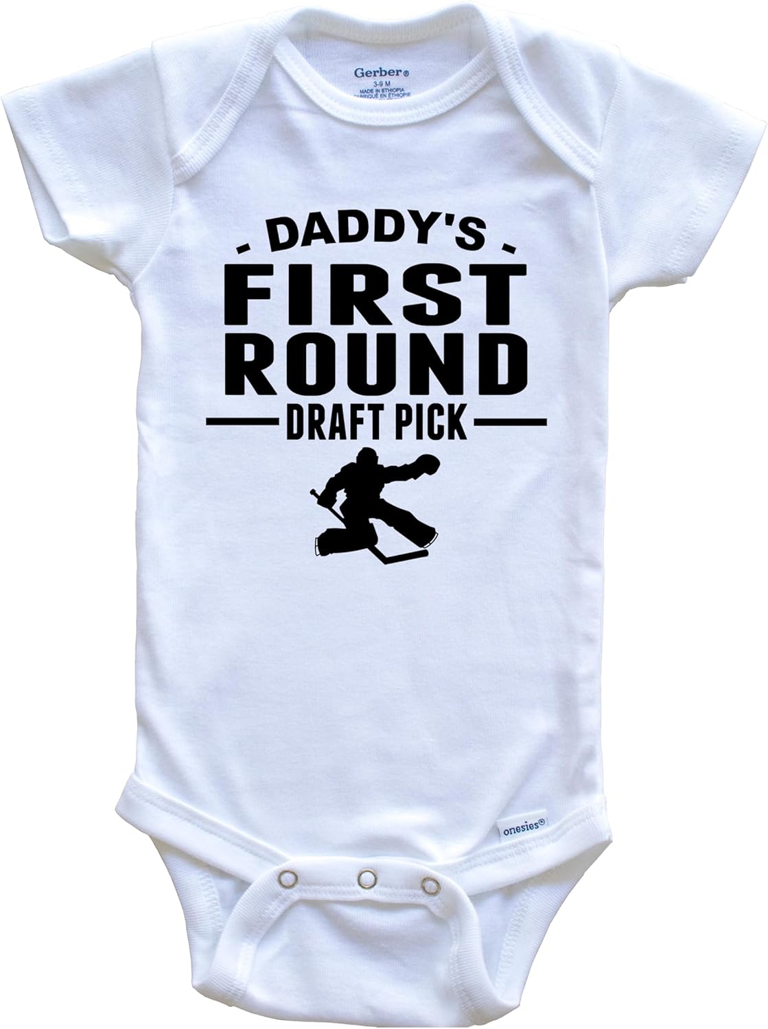 Really Awesome Shirts Hockey One Piece Baby Bodysuit - Daddy's First Round Draft Pick Goalie First Child Baby Bodysuit