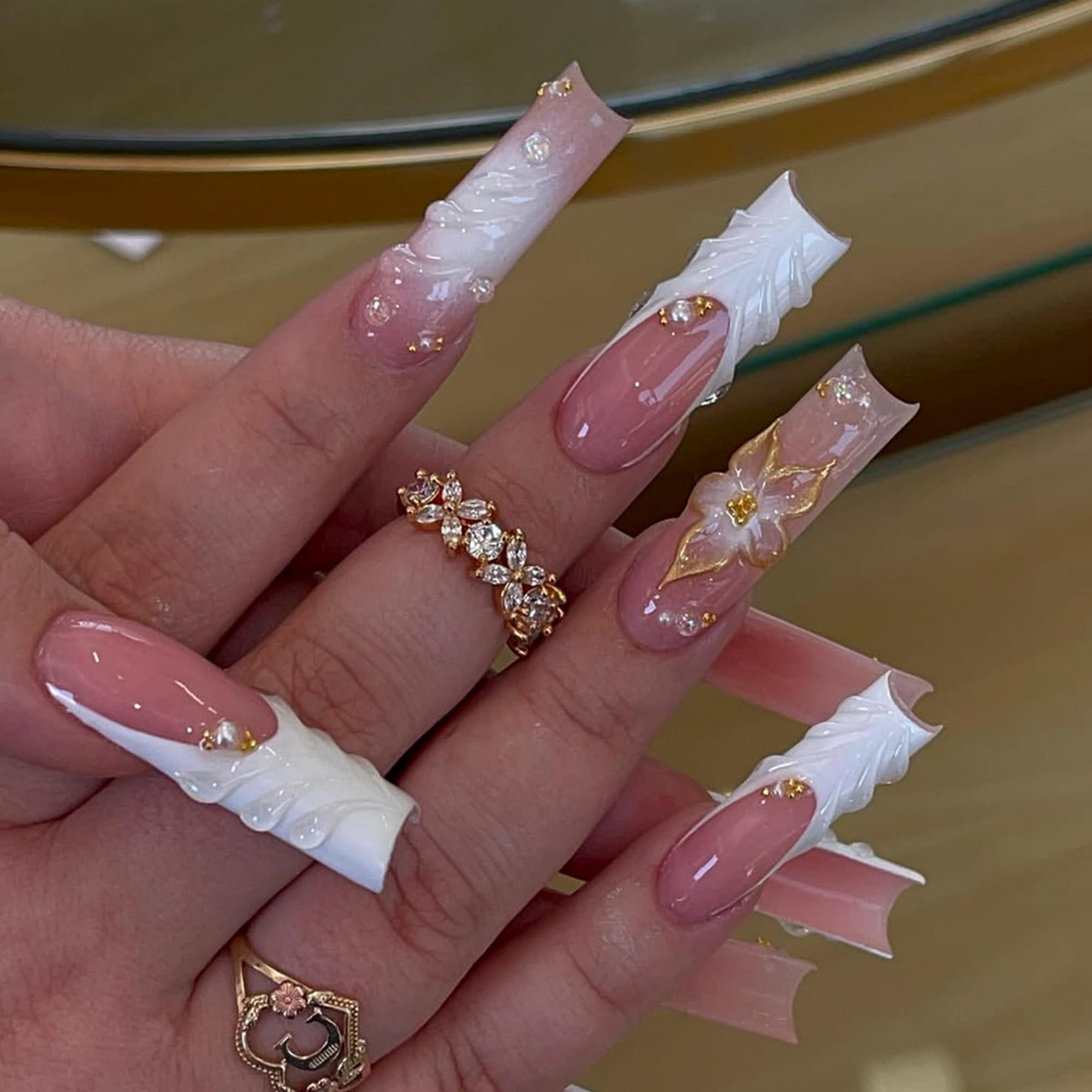24 uñas postizas cuadradas largas y florales rosas para mujer