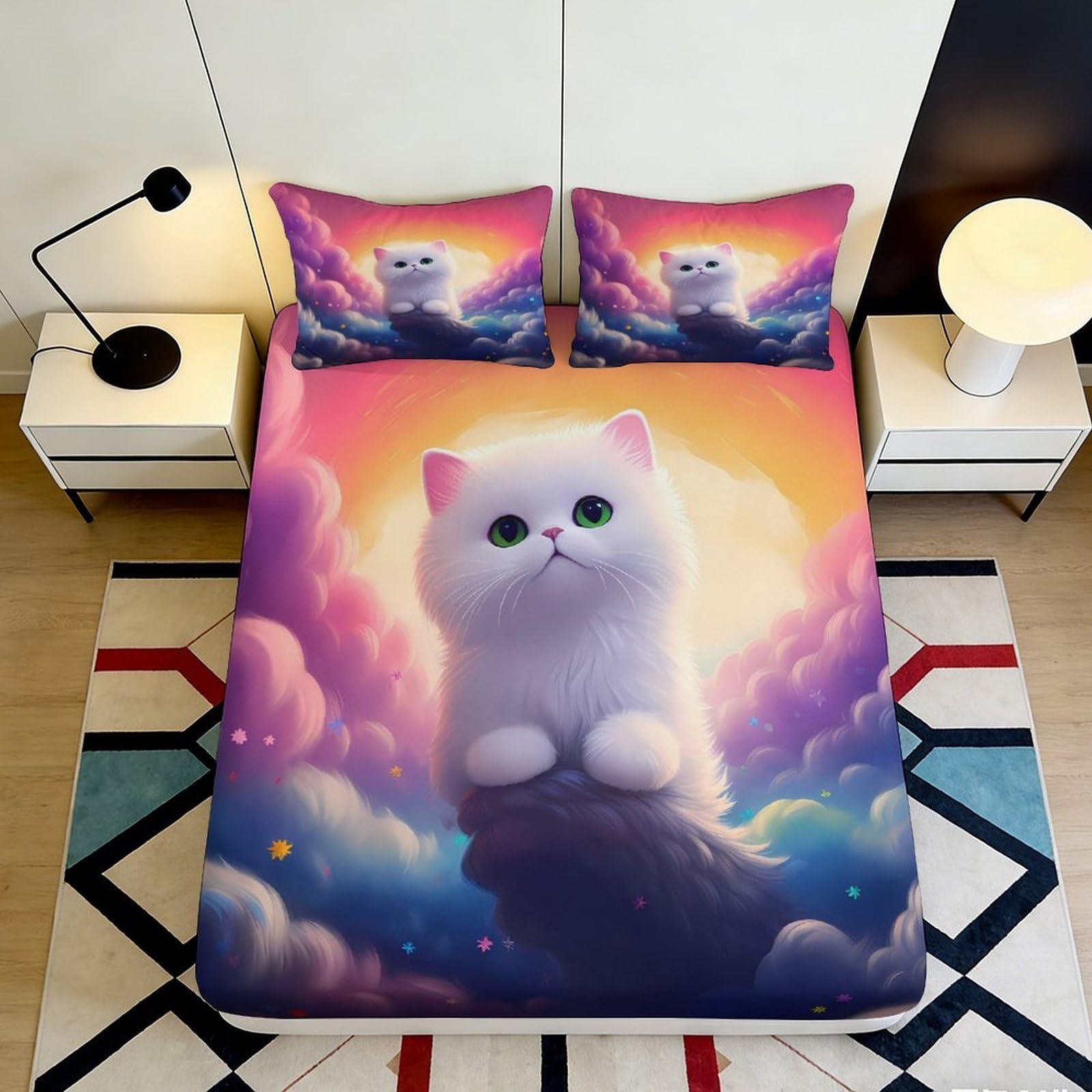 3D Printed Cloud Cat Fitted Sheet Microfiber Deep Pocket Non-Slip Bedding Cloud Cat Mattress Fitted Cover Elastic Hem for Adults Teens Bedroom 120x200x25cm