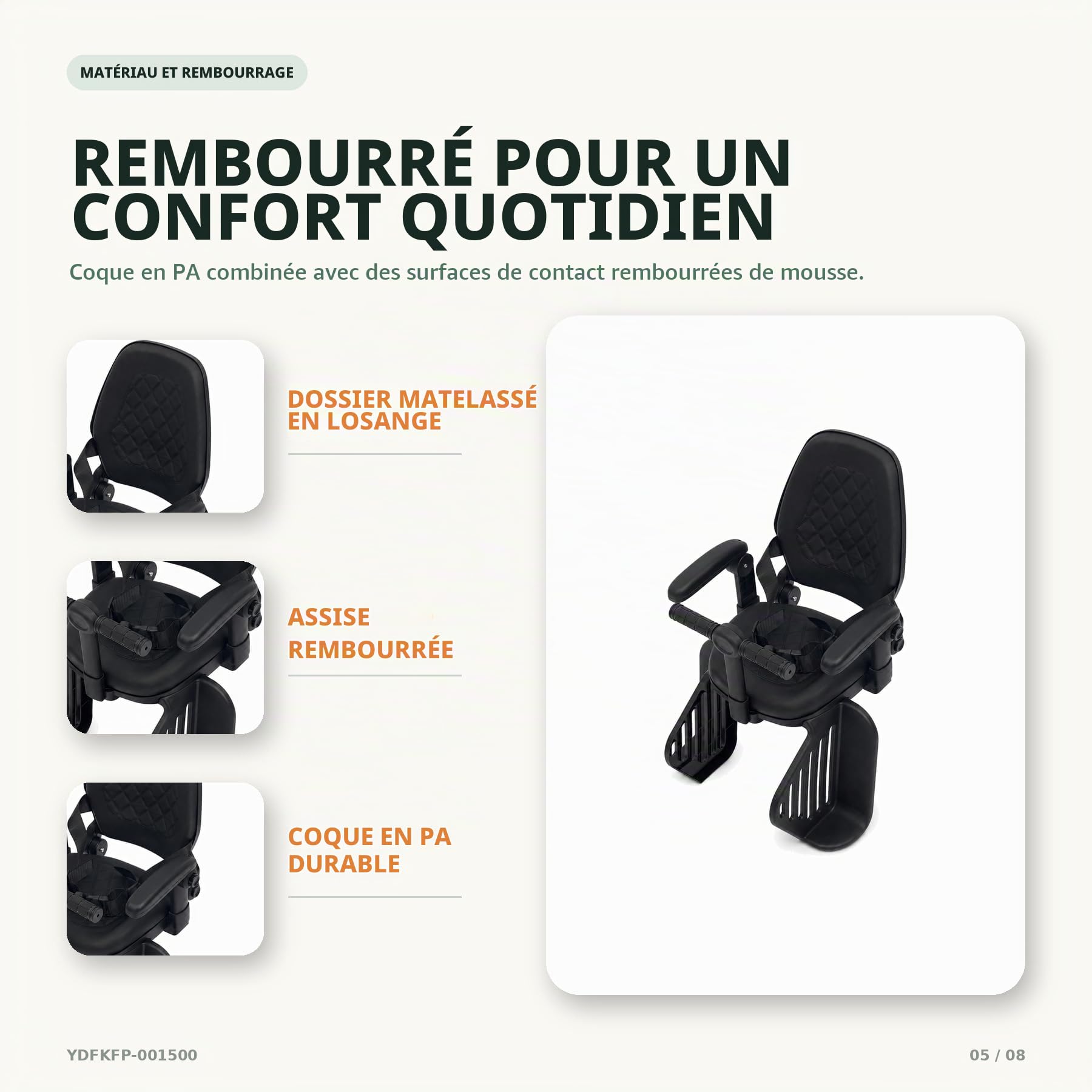 Siège enfant de vélo, siège enfant de vélo arrière, jusqu'à 50 kg, dossier haut avec 3 positions de réglage, ceinture de sécurité à 5 points et grande repose-pieds, pour enfants de 8 mois à 8